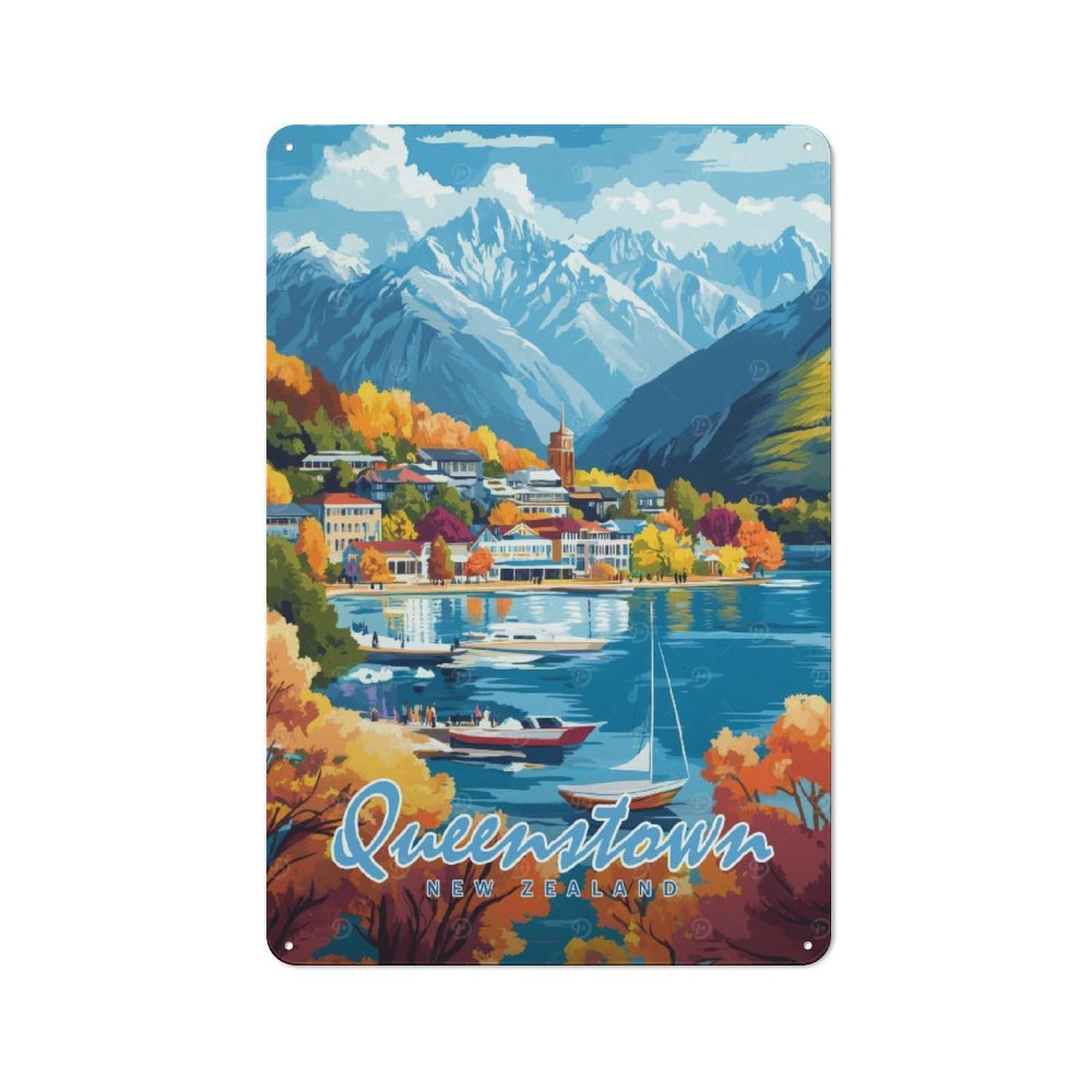 Junmoney Style-2 Loft Style Queenstown, New Zealand Decorative Metal Plaque 30X20cm, Studio Wall Art For Workspace, Cafe, Hallway Or Garage