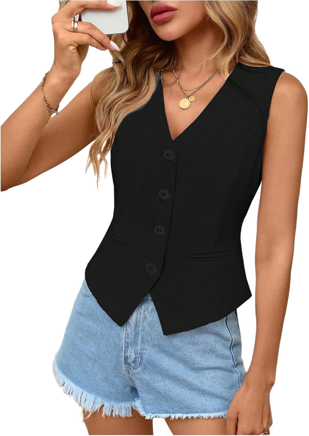 GORGLITTER Women's Vest Tops Dressy Casual V Neck Button Down Crop Tops Sleeveless Dressy Waistcoat Vest Going Out Tops