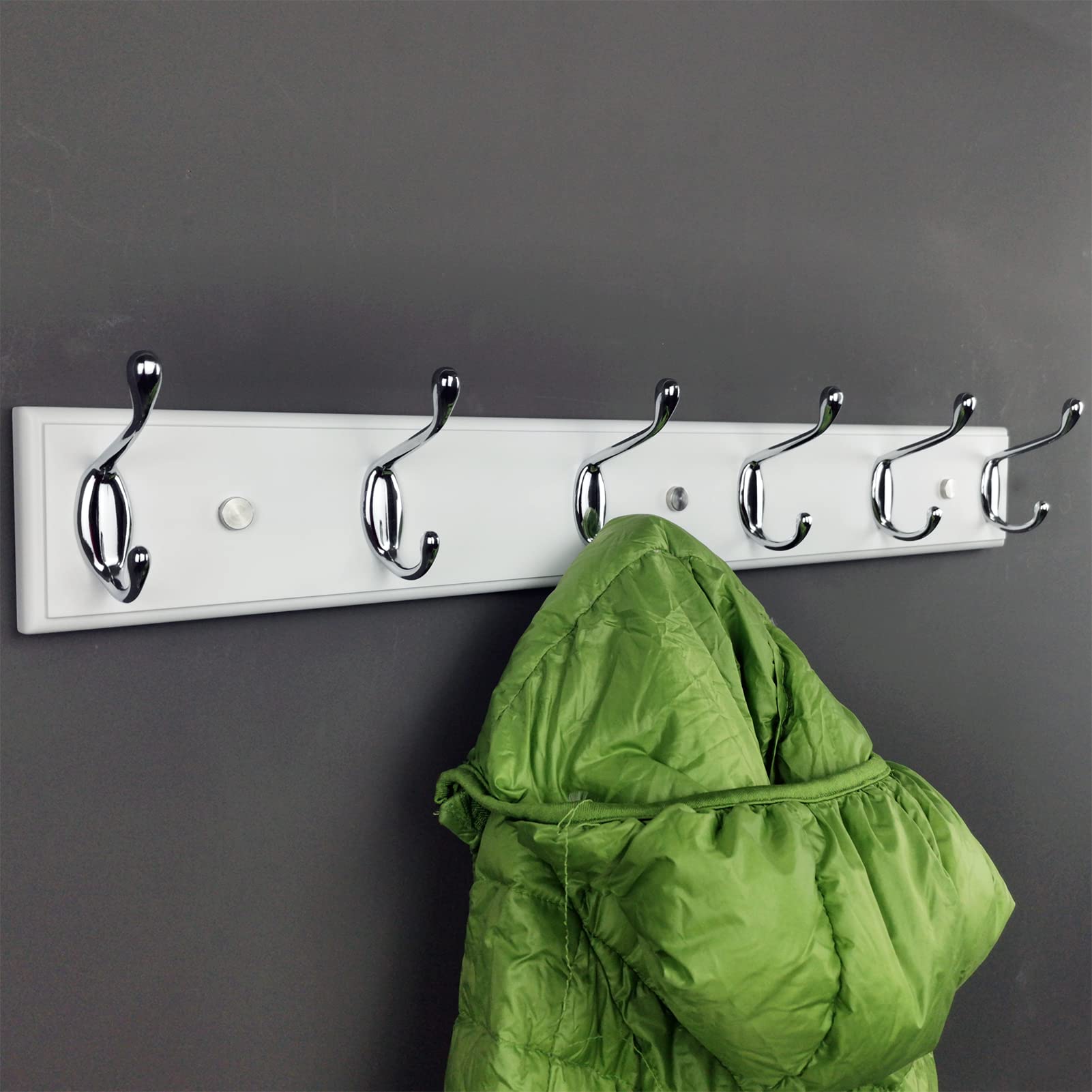 Porte-manteau mural de 58 cm avec 6 crochets argentés, cintre mural en bois blanc pour entrée, couloir, chambre à coucher, chambre d'enfant