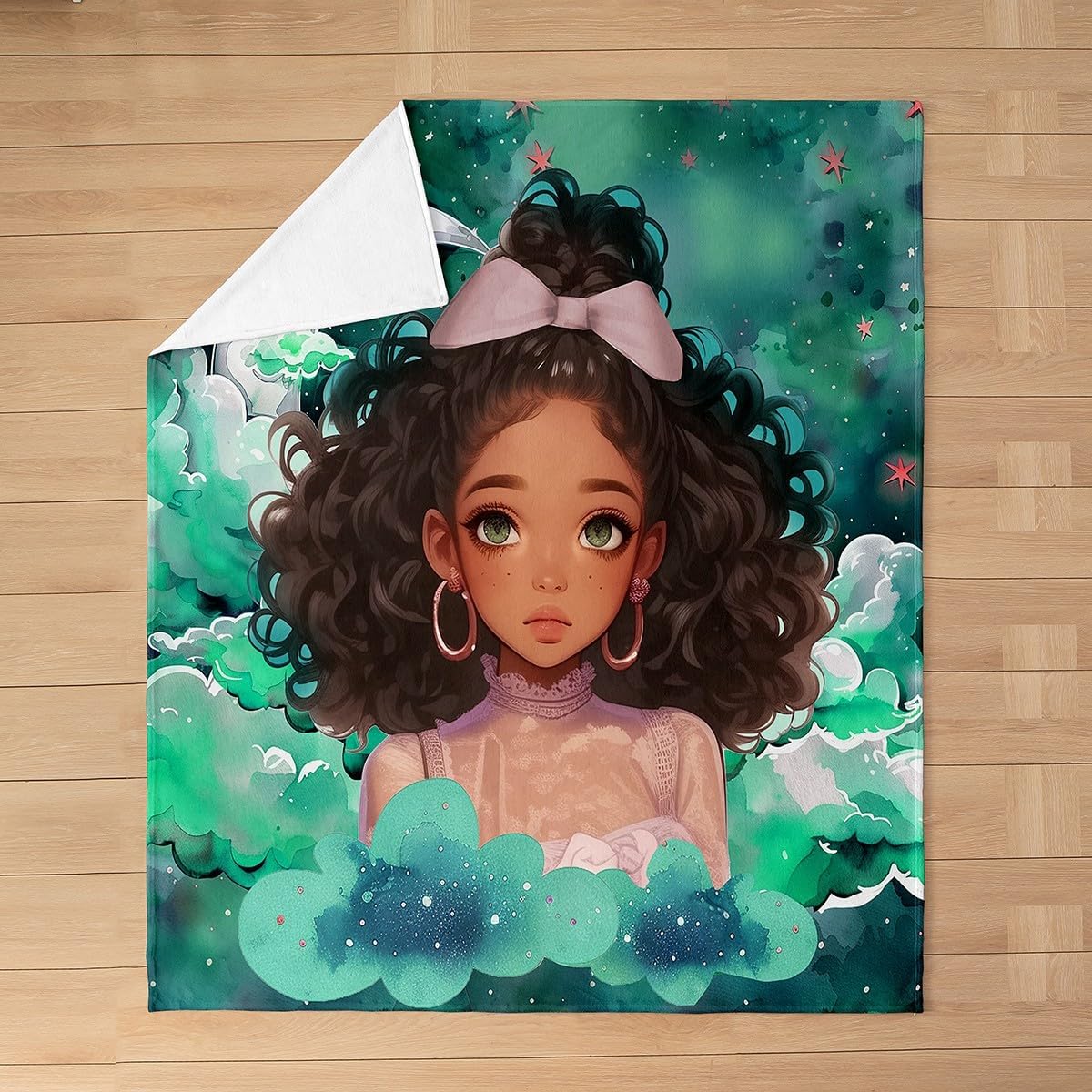 African Cute Girl Fleece Blanket,Black Skin Princess Dreamy Fairy Tale Bed Blanket for Kids Teens,Starry Moon Sky Glitter Watercolor Green Flannel Blanket for Room Decor,Queen 90"x90"