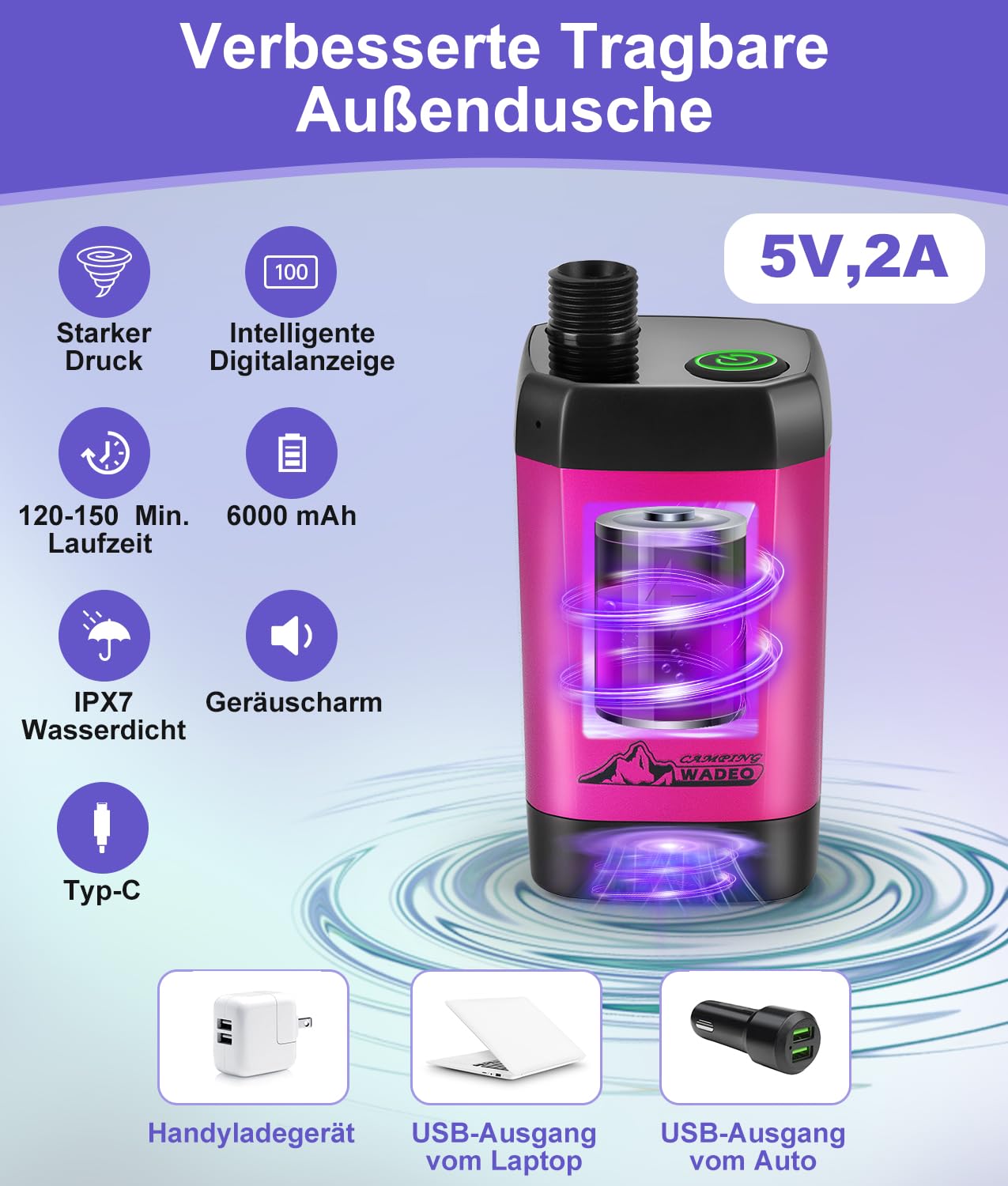 WADEO Tragbare Campingdusche Akku mit Pumpe, Camping Dusche mit wiederaufladbarem 6000-mAh-Akku und doppelter Digitalanzeige, Mobile Duschen mit Duschkopf, für Camping Reisen Garten (Lila, Typ C)