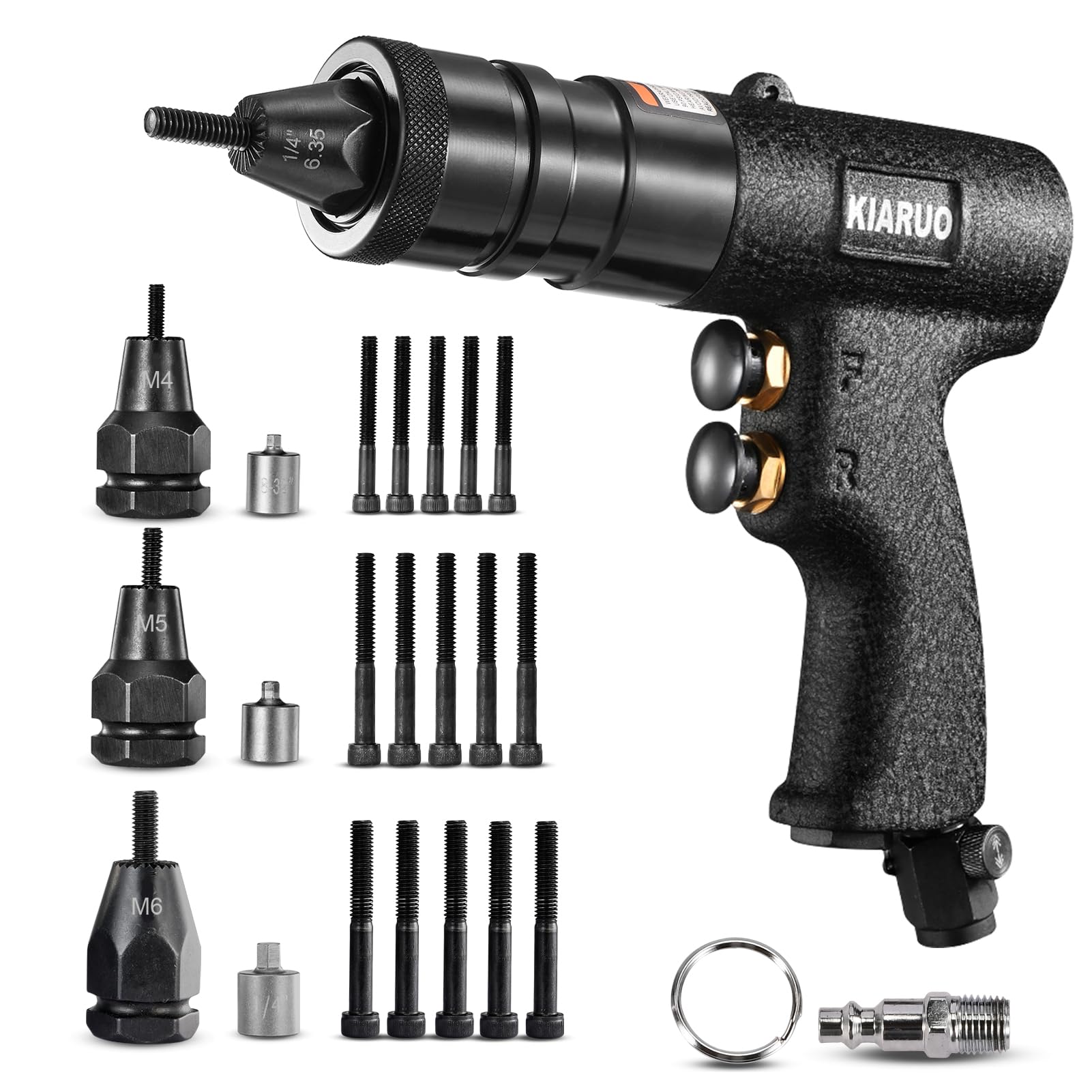 Photo 1 of KIARUO Pneumatic Rivet Nut Gun M4,M5,M6 with Replacement Mandrels, RPM 1500 Industrial Grade Pull Rivnut Gun MODEI:LM08 Button Switch
