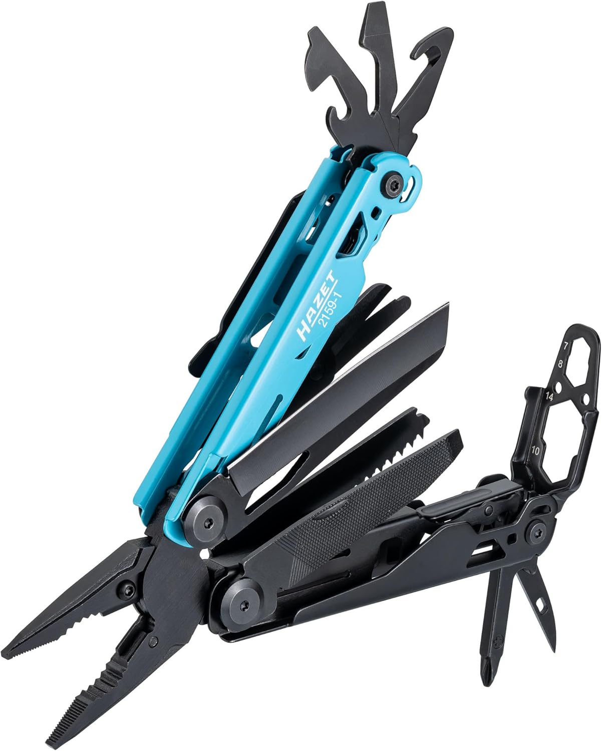 HAZET Multitool 2159-1 13-in-1 Stainless Steel Long Nose Pliers Knife Saw Screwdriver Hex Key Scissors Belt Clip with Heavy Duty Belt Pouch