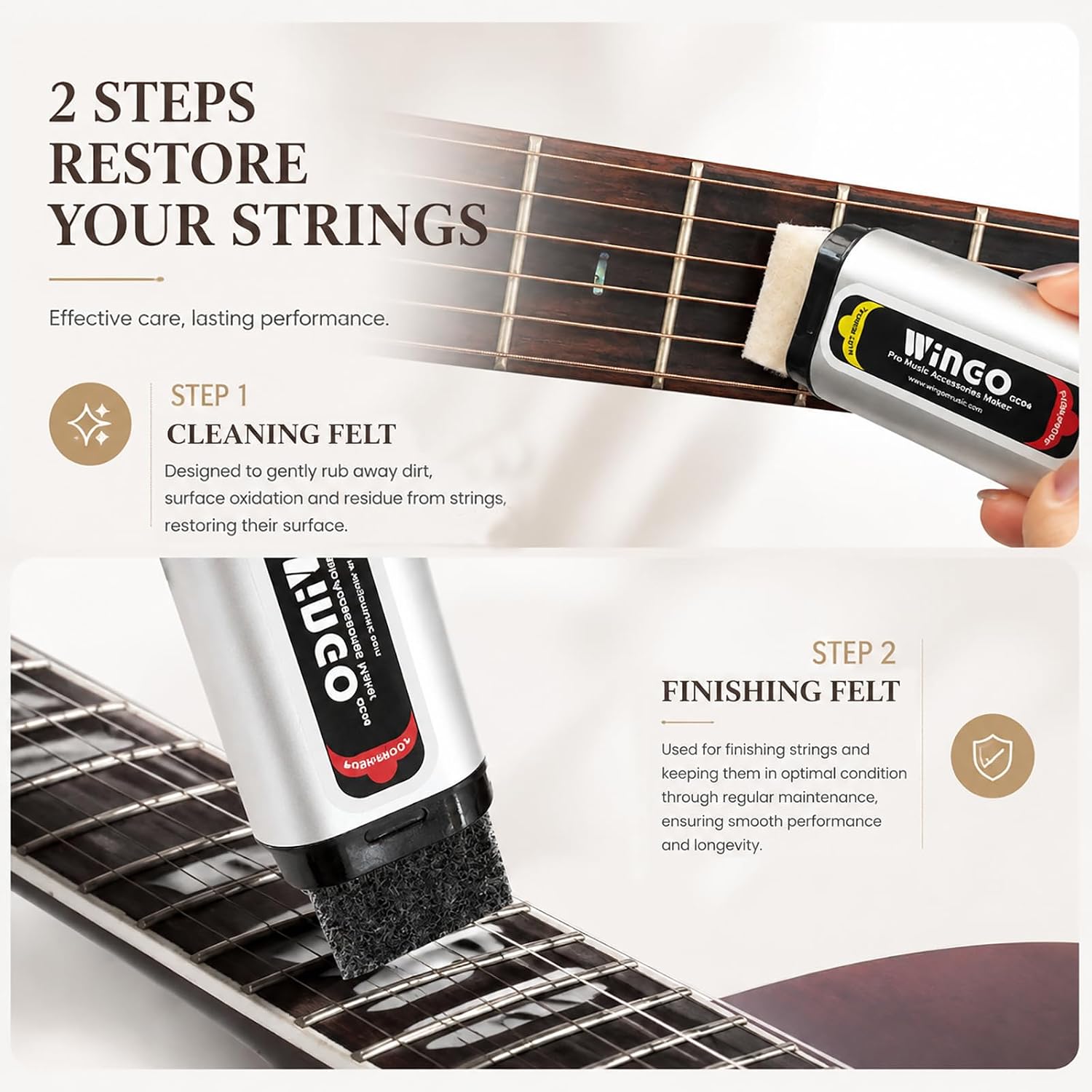 WINGO Dual Head Guitar Strings Maintenance Tool - String Care Kit Cleaning Pen for Electric Guitars, Bass, Ukulele, Violin.