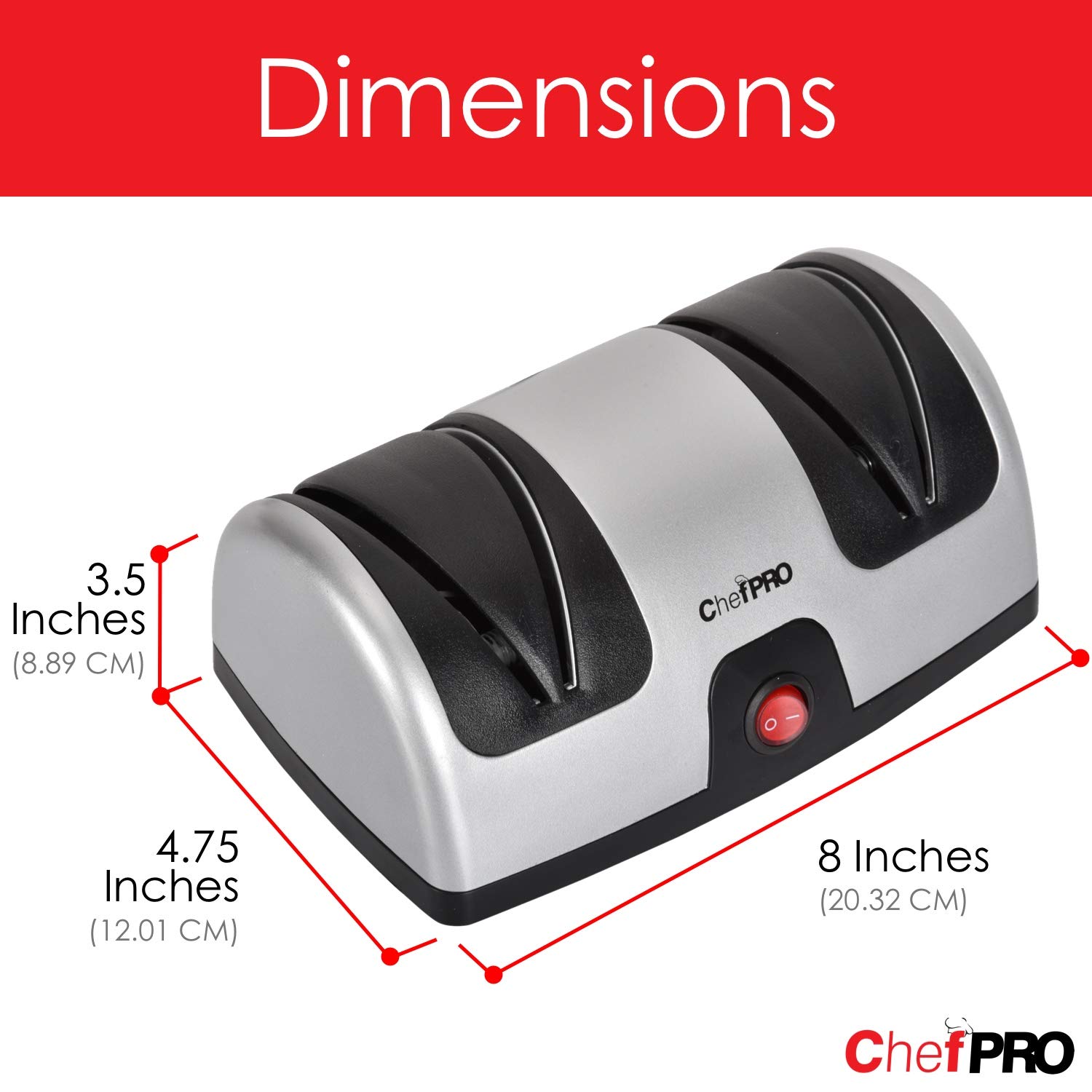 CHEF PRO Afilador eléctrico de cuchillos de cocina y sistema de pulido, afilado de 2 etapas, diseño compacto y fácil de usar, parte inferior de ventosa y fácil limpieza, negro-plateado