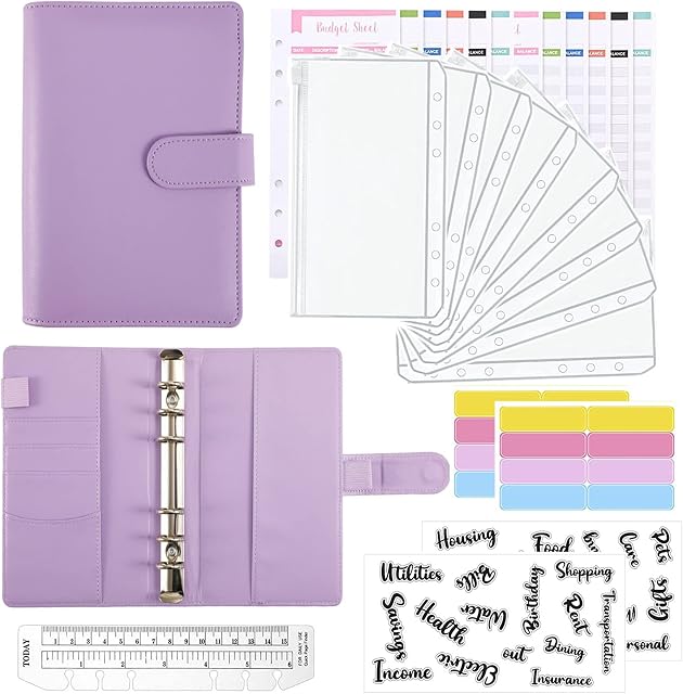 Budget Binder,A6 PU Leather Ring Binder, Lindastas Binder for Budgeting with Clear Cash Envelopes,Budget Sheets and Label Stickers,Cash Organizer for Budgeting and Saving Money (Purple)