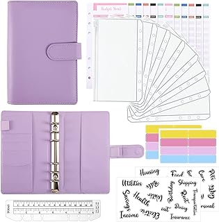 Budget Binder,A6 PU Leather Ring Binder, Lindastas Binder for Budgeting with Clear Cash Envelopes,Budget Sheets and Label Stickers,Cash Organizer for Budgeting and Saving Money (Purple)