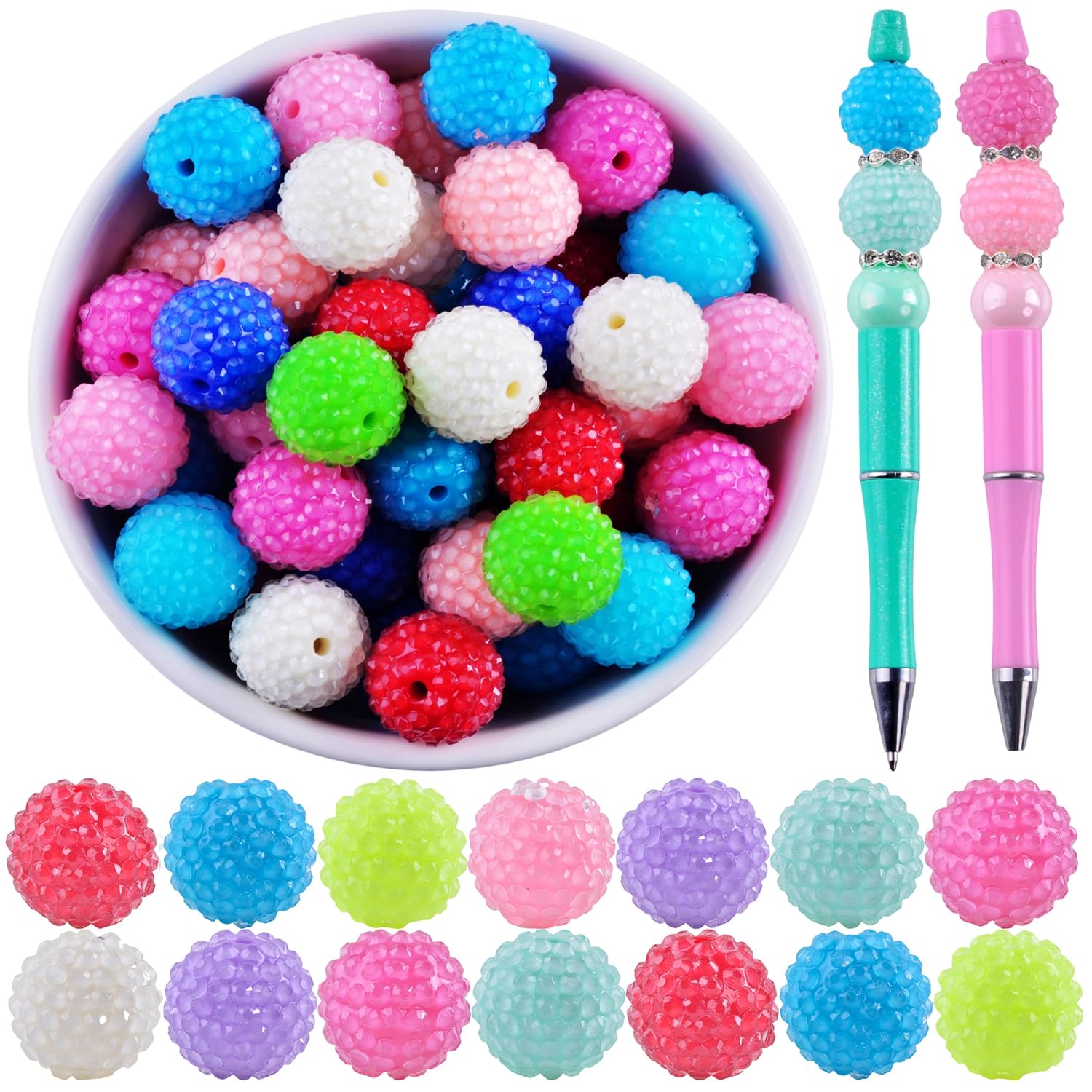 20mm Rhinestone Beads for Pens 20pcs Beaded Pens Beads Bling Glitter Suger Bugglegum Beads Large Balls Crystal Pen Beads for DIY Pens Keychain Making