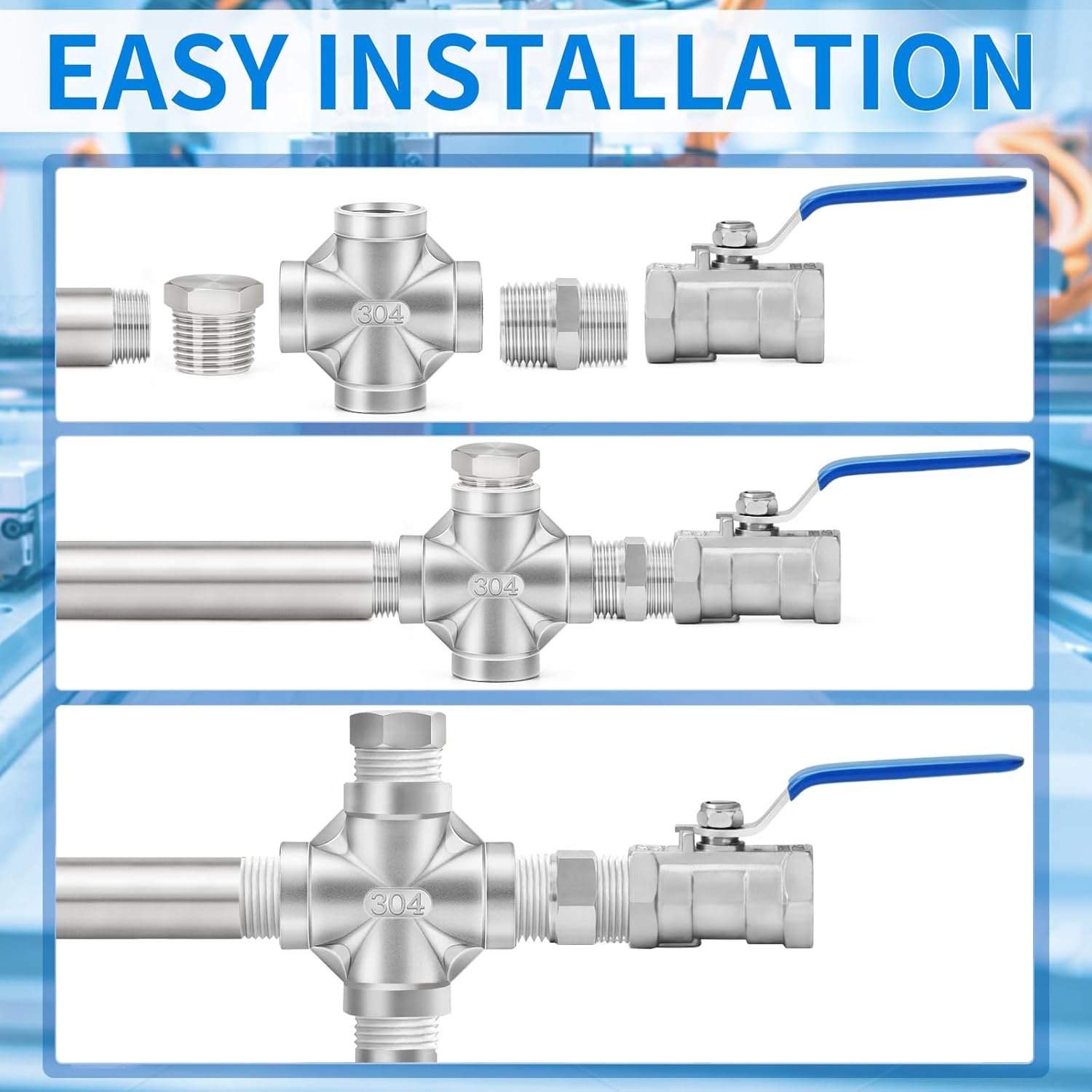 ChillWaves 304 Stainless Steel Pipe Fitting, 4 Way Cross 2" x 2" x 2" x 2" NPT Female Thread Adapter(1-PACK)