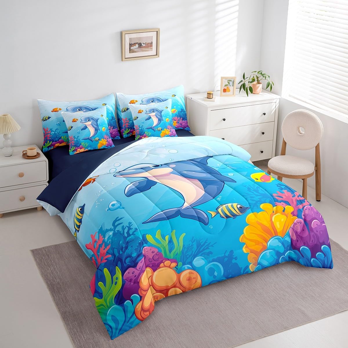 Erosebridal Kawaii Dolphin Queen Comforter Set, Cute Fishing Underwater Soft Bed Set for Kids Teens Adults, Cartoon Fish Coral Bed in a Bag Sheets Set for Bed, Kids Marine Life Bedding Accessories