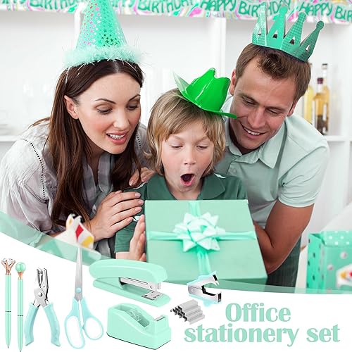 Miniatura 7 de Suministros de oficina verdes 13 en 1, accesorios de escritorio verde azulado, suministros de oficina y dispensador de cinta, perforador, removedor