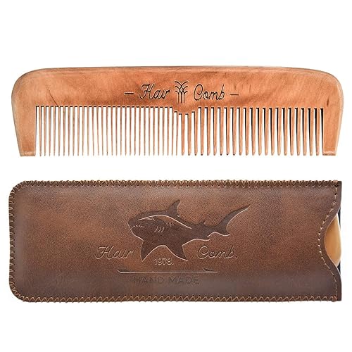 Peines de madera para hombre, peine de barba de madera para hombre con estuche de viaje de cuero, peines para hombre, peine para niños (tiburón