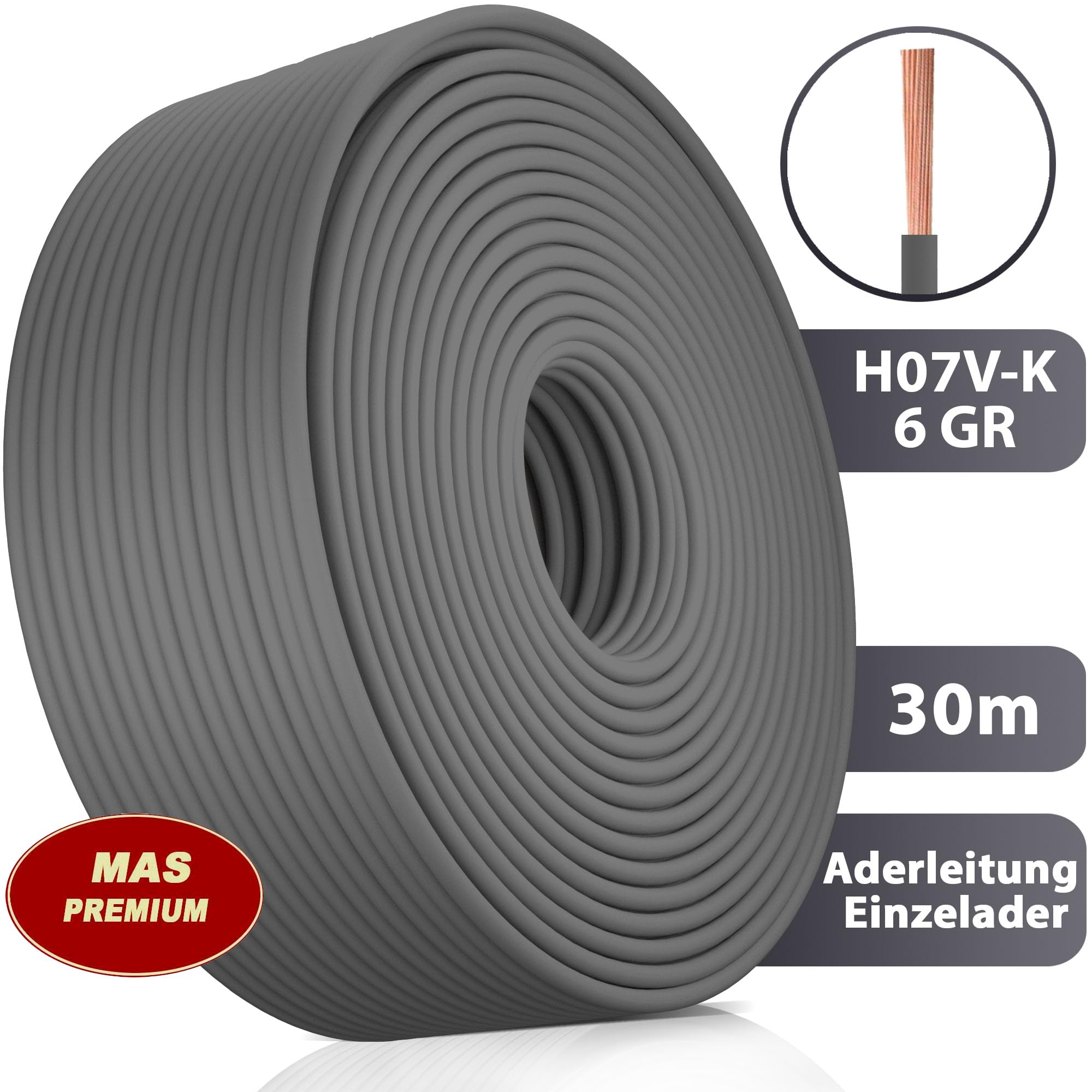 Przewód żyłowy H07 V-K 6 mm², czarny, brązowy, ciemnoniebieski, zielono-żółty, szary, czerwony lub jasnoniebieski, elastyczny (szary, 30 m)