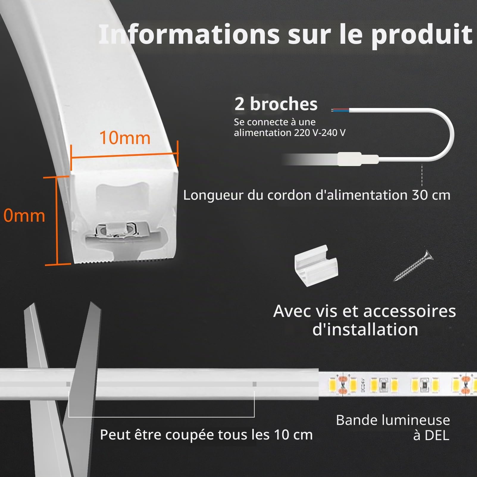10m Ruban LED Bande Sans Prise Silicone 220V Extérieur Etanche