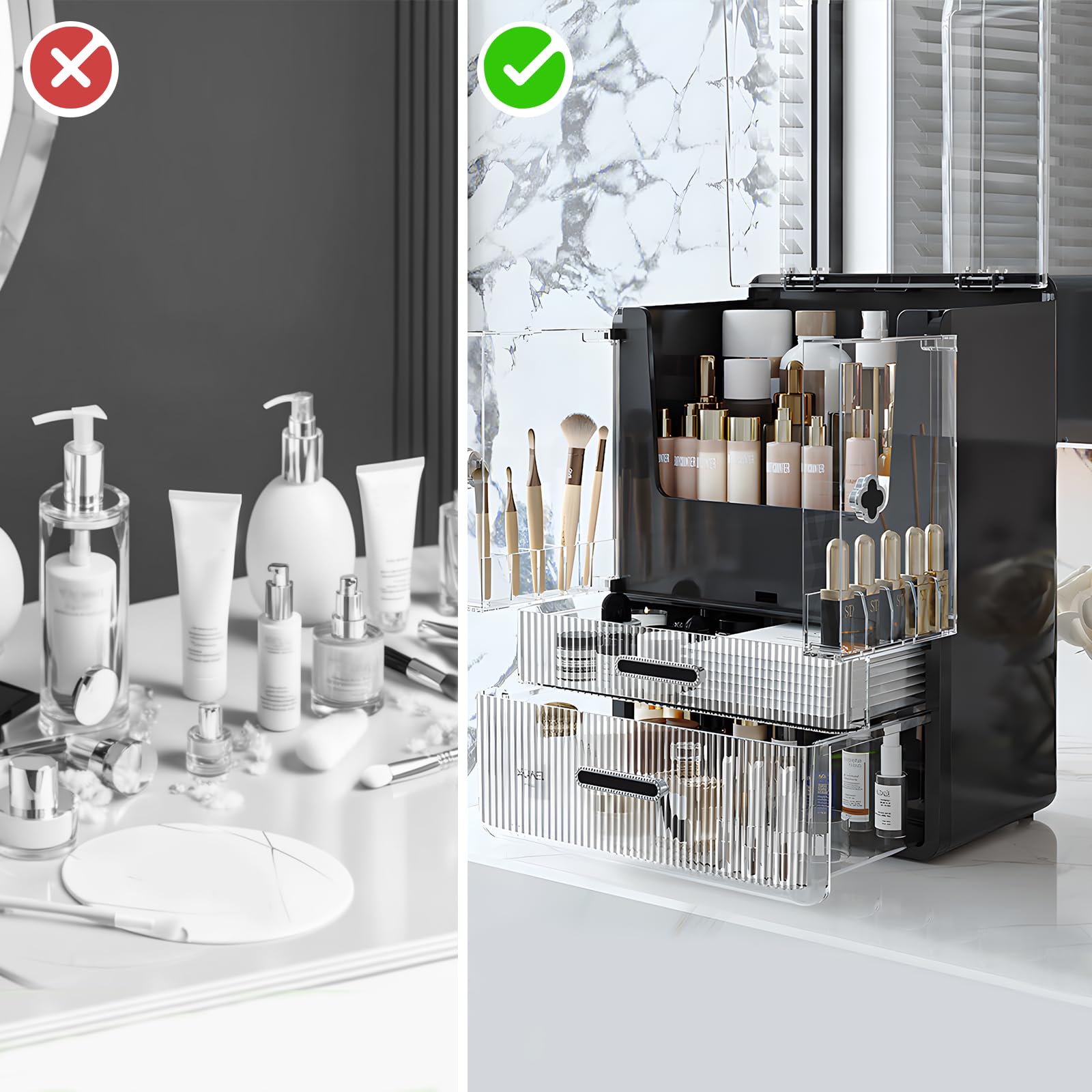 Make Up Organizer Kosmetik Aufbewahrung mit Deckel Schubladen Dustproof Cosmetic Schmink Organizer Beauty Box Hohe Groß Kapazität für Schlafzimmer Badezimmer Schminktisch Schwarz1