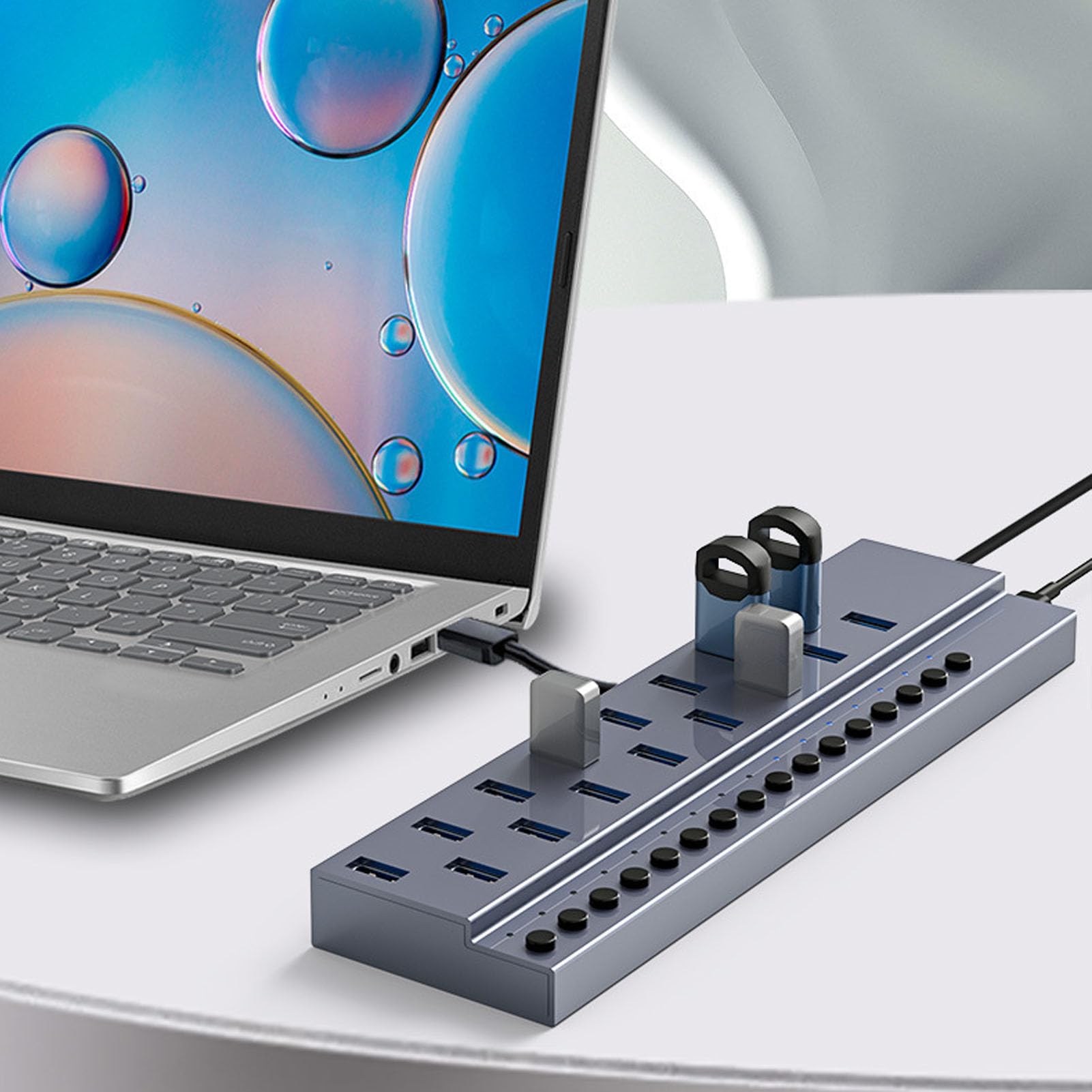 Koncentrator USB 3.0, 16-portowy Rozdzielacz Koncentratora, z Zasilaczem 12 V 8 A, Szybki Transfer Danych 5 Gb/s, Indywidualny Przełącznik z diodą LED, do Tabletu i Drukarki