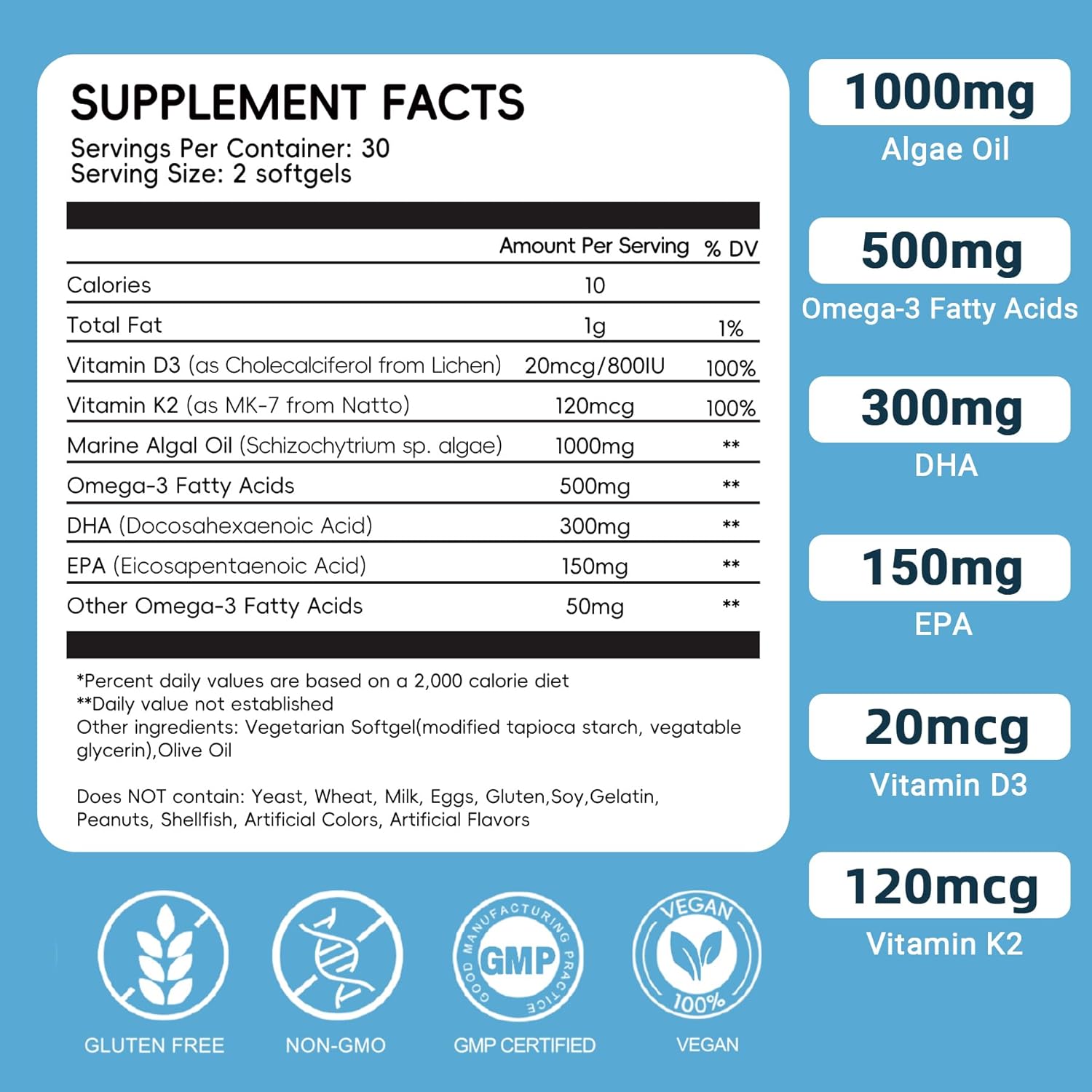 Vegan Omega 3 Softgels | 1000mg Algae Oil as Fish Oil Alternative | 300mg DHA + 150mg EPA | Omega 3 Supplements with Vitamin D3 & K2 for Brain, Eye, Skin& Immunity | 60 Count - Image 3