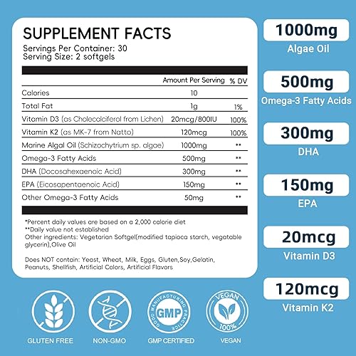 Miniatura 2 de Cápsulas blandas veganas Omega 3  1000 mg de aceite de algas como alternativa al aceite de pescado  300 mg de DHA + 150 mg EPA  Suplementos de Omega