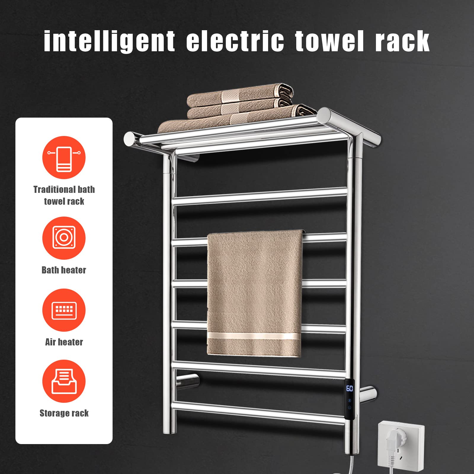 QL Handtuchwärmer Elektrischer 145W Mit Timer Stufenlos 680 x 500 mm Silber | 304 Edelstahl,Intelligenter Touchscreen, Thermostat 55°C,12h≈1kWh,Automatische abschaltung für hohe spannung,für Badezimmer