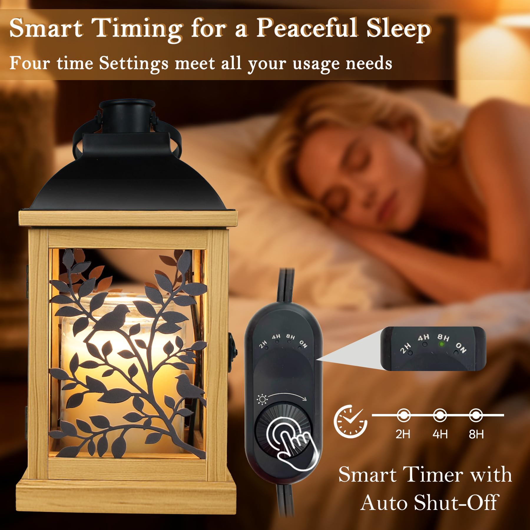 Lampe Chauffe-Bougie avec Minuterie, Brûleur de Bougie Électrique Réglable en Bois Style Fermier à Intensité Variable, Lanterne Chauffante pour Bougie en Pot, Lampe Fondoir avec 2 Ampoules