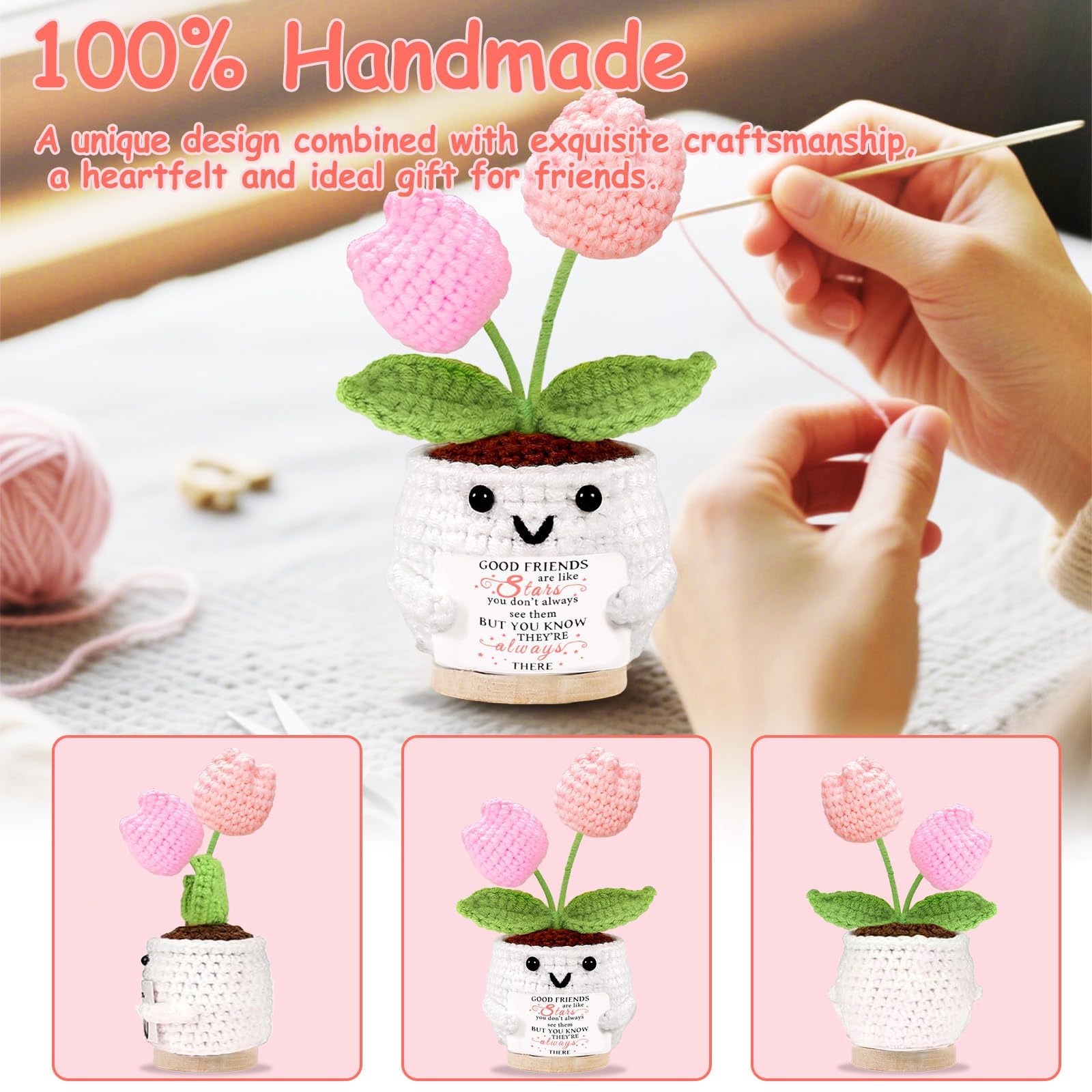 Friendship Gifts for Women Tulips Crochet Flowers Emotional Support Crochet Funny Small Christmas Birthday Gift for Women Personalized Best Friend Coworker Cute Unique Gifts Desk Accessories Decor