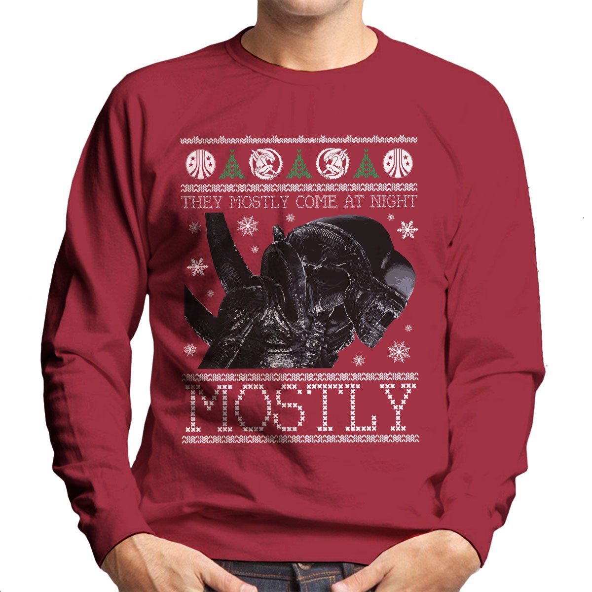 Cloud City 7 Men's Cherry Red Xenomorph Aliens Christmas Knit Sweatshirt