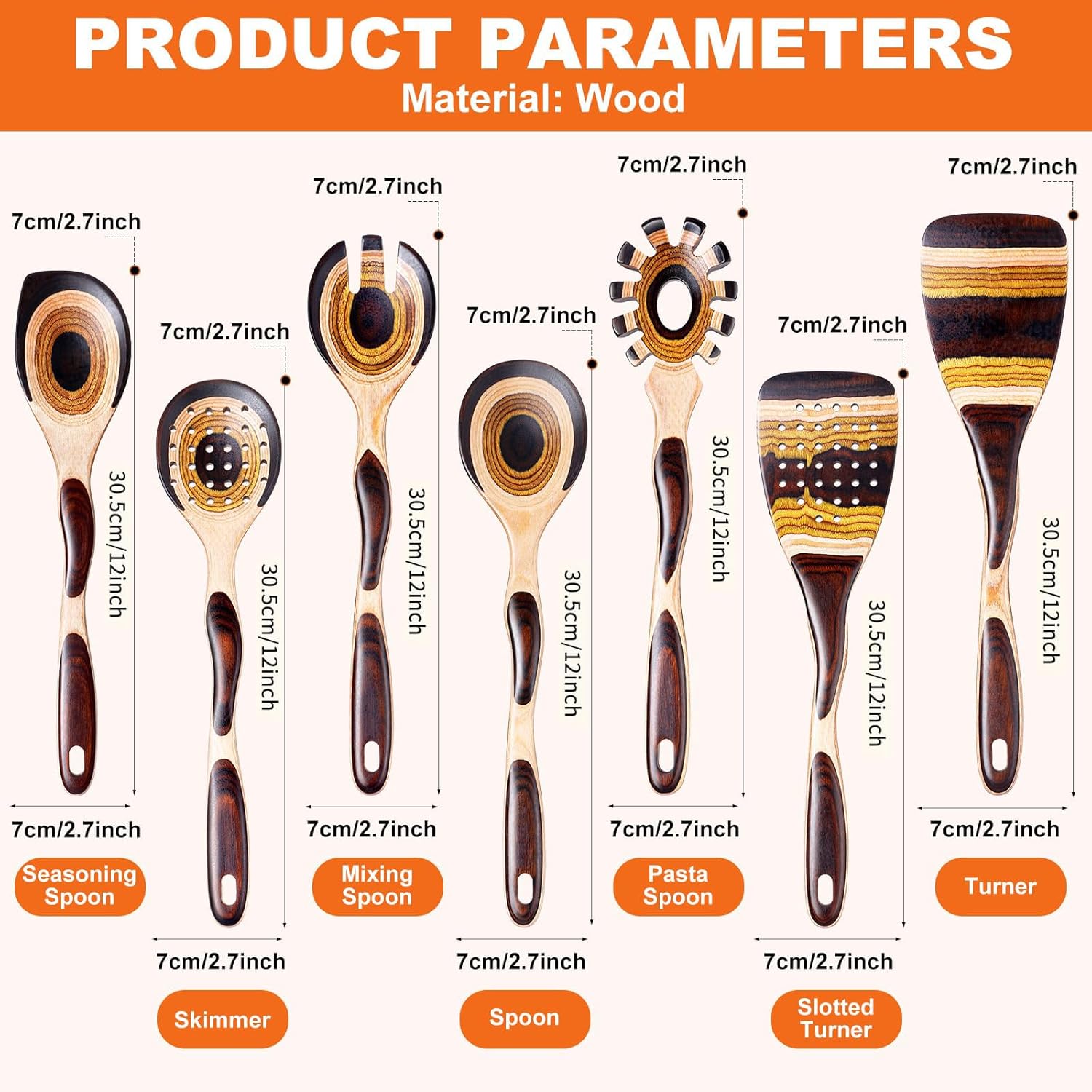 7Pcs Pakkawood Kitchen Utensils Set for Cooking, Wooden Spoons for Cooking, Safe Eco-Friendly, Non-Stick, Wooden Utensil for Cooking,Wooden Cookware Set, Housewarming Kitchen Gifts, Brown