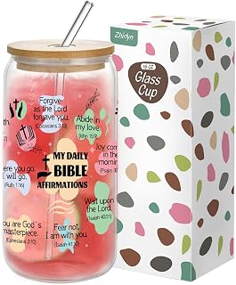 Bible Verse Glass Cup, 16 OZ Christian Glass Coffee Cup with Lids and Straws, Inspirational Religious Gifts for Women, Mother's Day, Church (Classic)