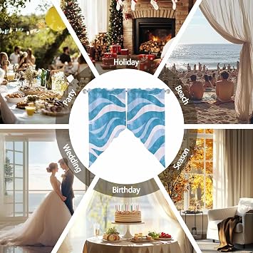 Blue Stripe Swag Curtains Valance For Kitchen Windows,Modern Abstract Geometric Ocean Coastal Wide Rod Pocket Curtain Drapes,Bedroom Bathroom Cafe Living Room Light Filtering Drapery Panels,72Wx36H