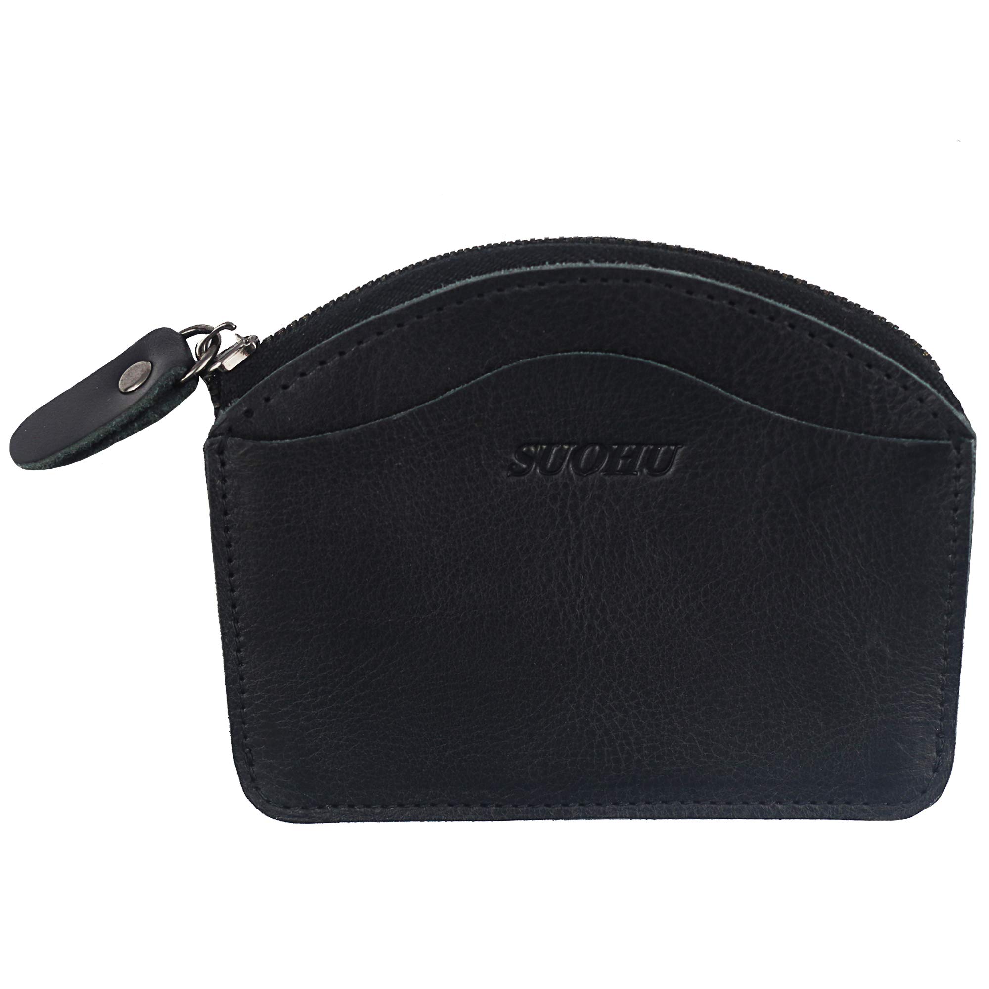 SUOHU Small leather coin purse Men's Retro Small Wallet Ladies Leather Zipper Coin Purse?Black?