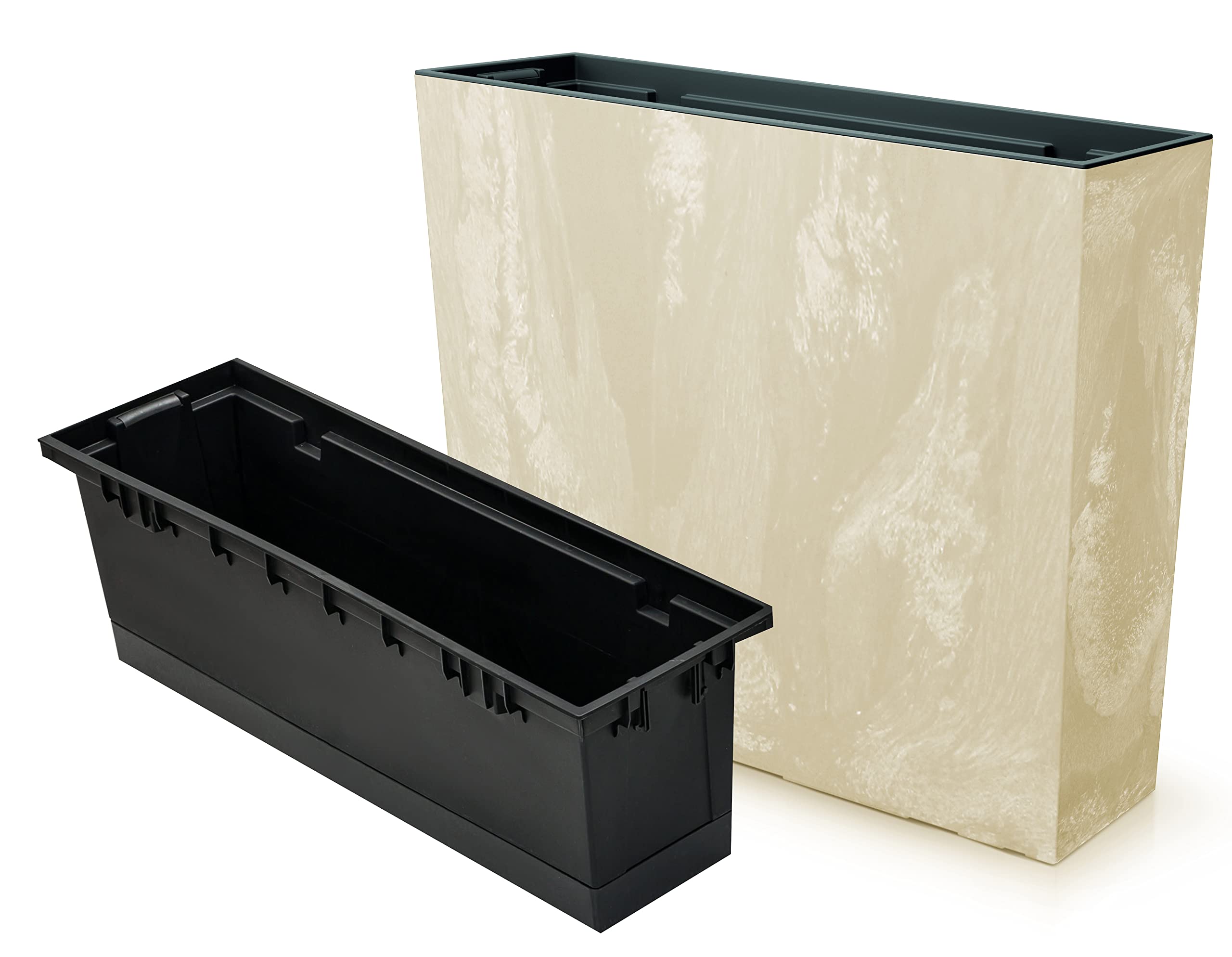 Vaso per fiori con vaso interno Portavaso Fioriera da balcone stile trapezio con inserto 58 x 18 x 50 cm, colore: antazite grigio scuro nero liscio brillante, interno esterno, rettangolare, plastica
