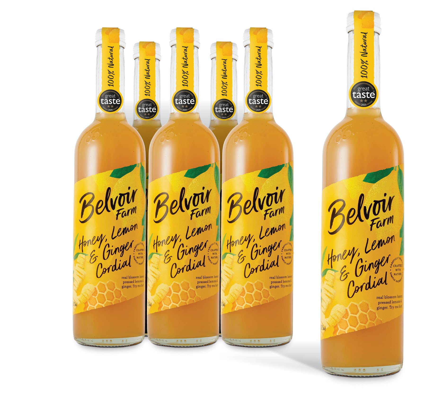 Belvoir Farm Honey Lemon & Ginger Cordial - Blossom Honey | Pressed Lemon Juice | Spicy Ginger | Traditional Family Recipe | 100% Natural Ingredients | Suitable for Vegetarians - 6 x 500ml Bottles