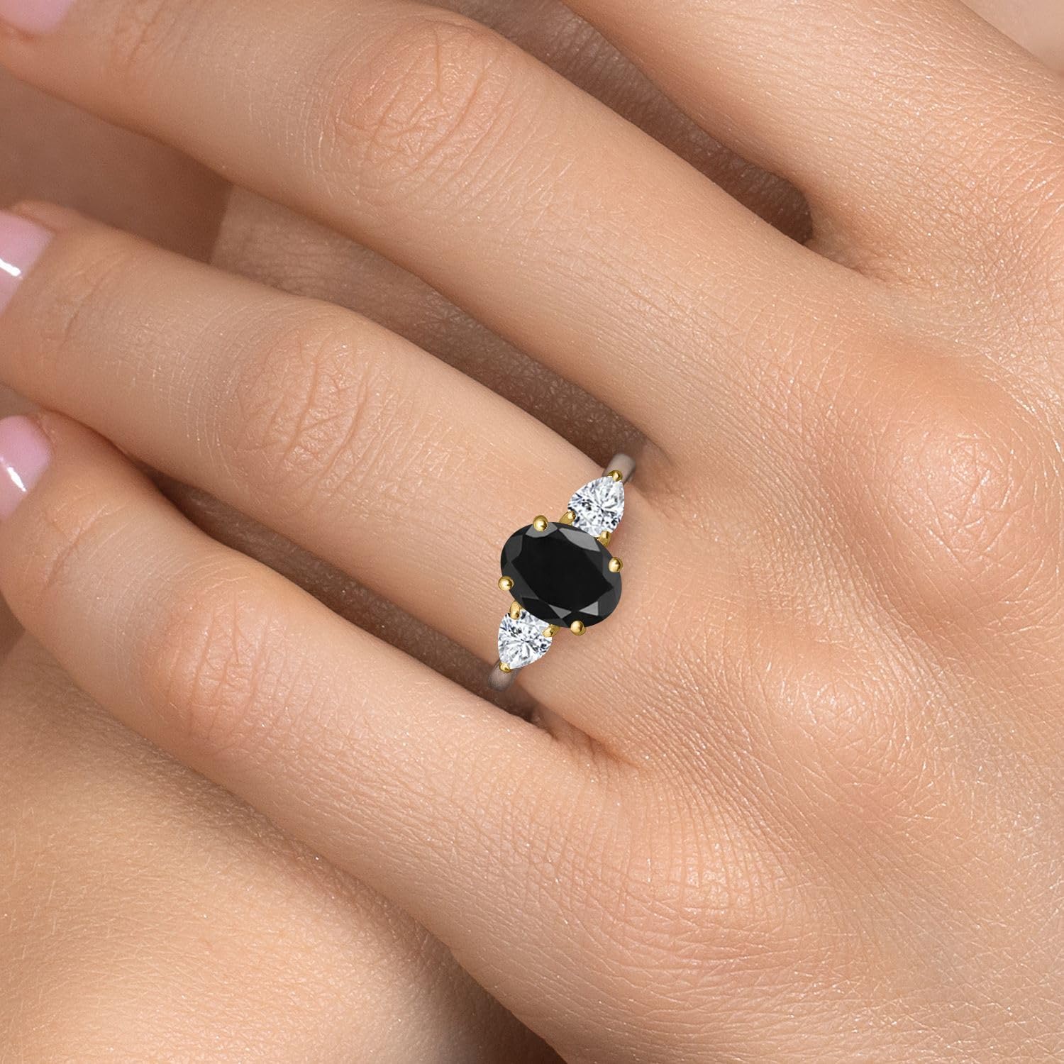 Gem Stone King 925 Silver and 10K Yellow Gold Black Sapphire and White Moissanite Engagement Ring For Women | 3.30 Cttw | Oval 9X7MM | Gemstone September Birthstone - Image 4