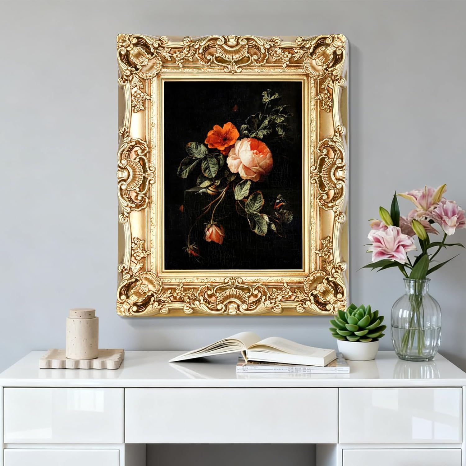11X14 Vintage Picture Frame, Antique Champagne Gold Ornate Baroque Frame with Real Glass, 11 X 14 Photo Frame for Tabletop Wall Hanging Display