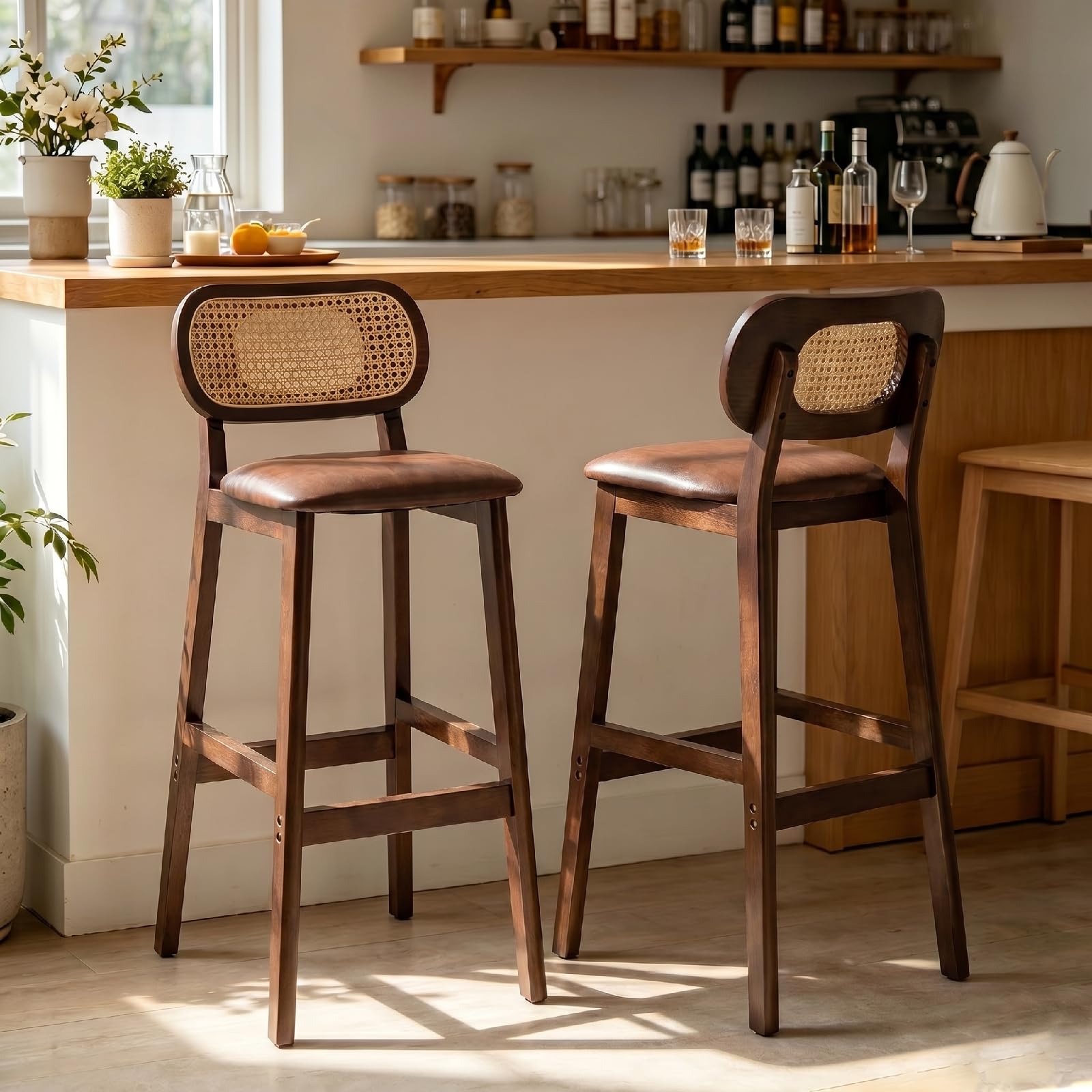 XUDREZ 2PCS Bar Stools Set Thick Padded Barstools Leather Kitchen Island Stool Chair with Backs Breakfast Stool for Kitchen Counter Dining Room Pub Bar (Brown with Brown Cushion,72CM/28.35IN*2PCS)