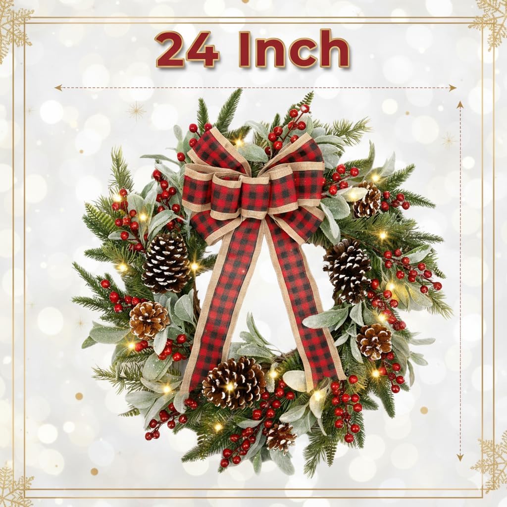 24 Inch Christmas Wreath for Front Door with Lights Flocked Lambs Leaves Winter Wreath Bow Pine Needles Pinecones for Indoor Outdoor Xmas Wall Window Holiday Decor - Image 2
