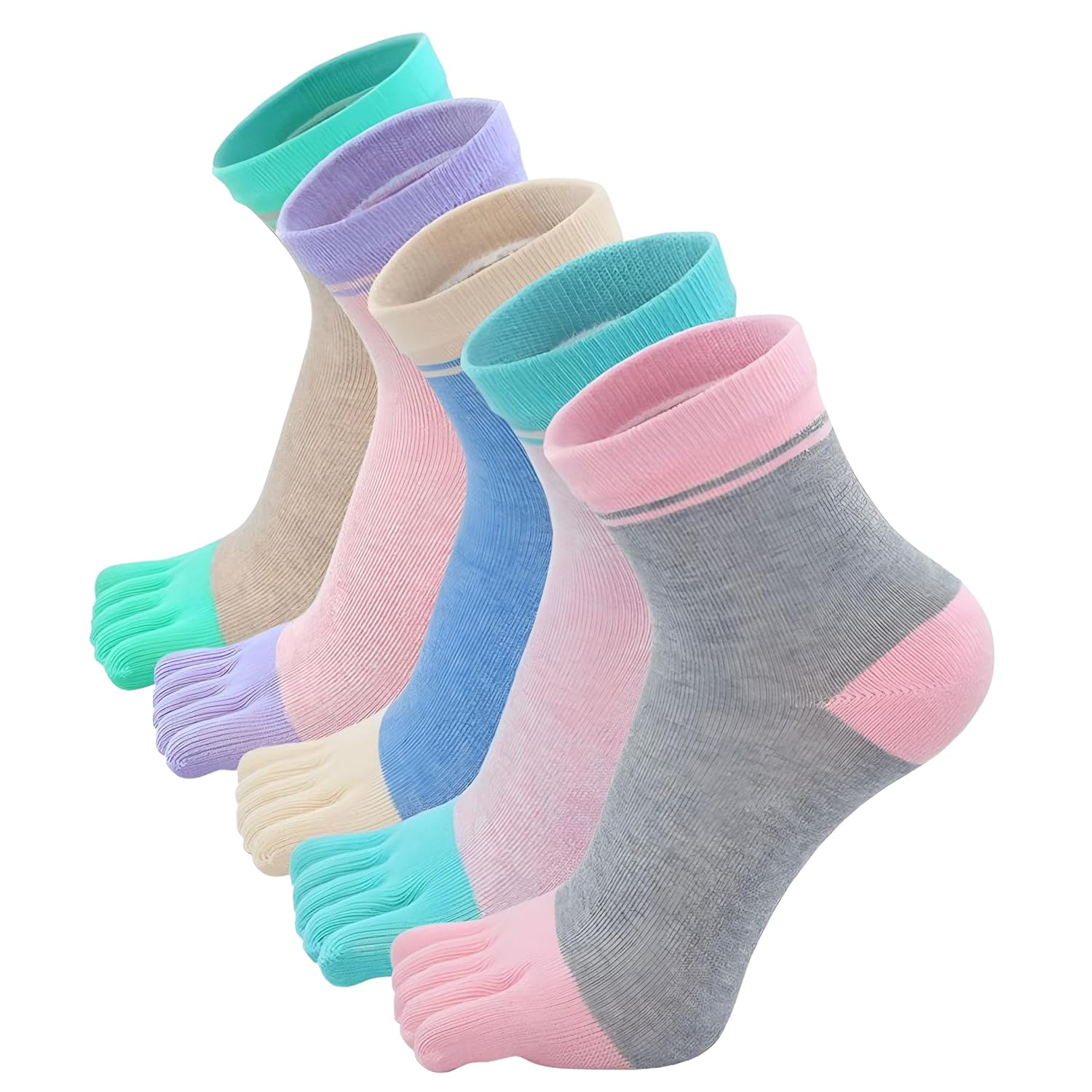 Chenflying Women's Light Gray+Pink+Purple+Blue+Skin Tone Toe Socks Cotton Five Finger Sport Running Crew Socks For Girls, 5 Pairs