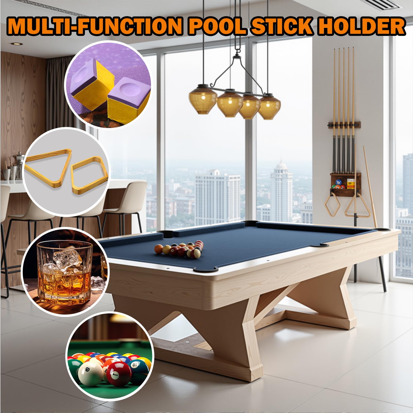 Supporto da parete per bastone da biliardo, organizer per 6 stecche da biliardo, organizer per accessori da biliardo con spazio sicuro, resistente supporto per stecca da biliardo in legno per