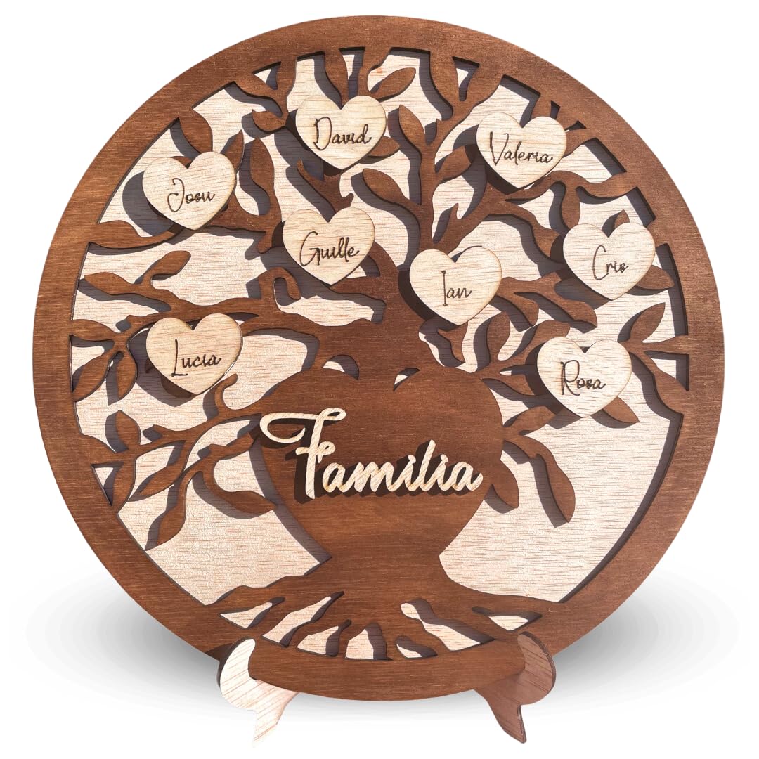 Arbol de la Vida Personalizado en Madera - Regalo Original con Nombres de Corazones Personalizados de la Familia - Árbol Genealógico Familiar de Madera con Soporte - Adornos Pared Decoracion Hogar