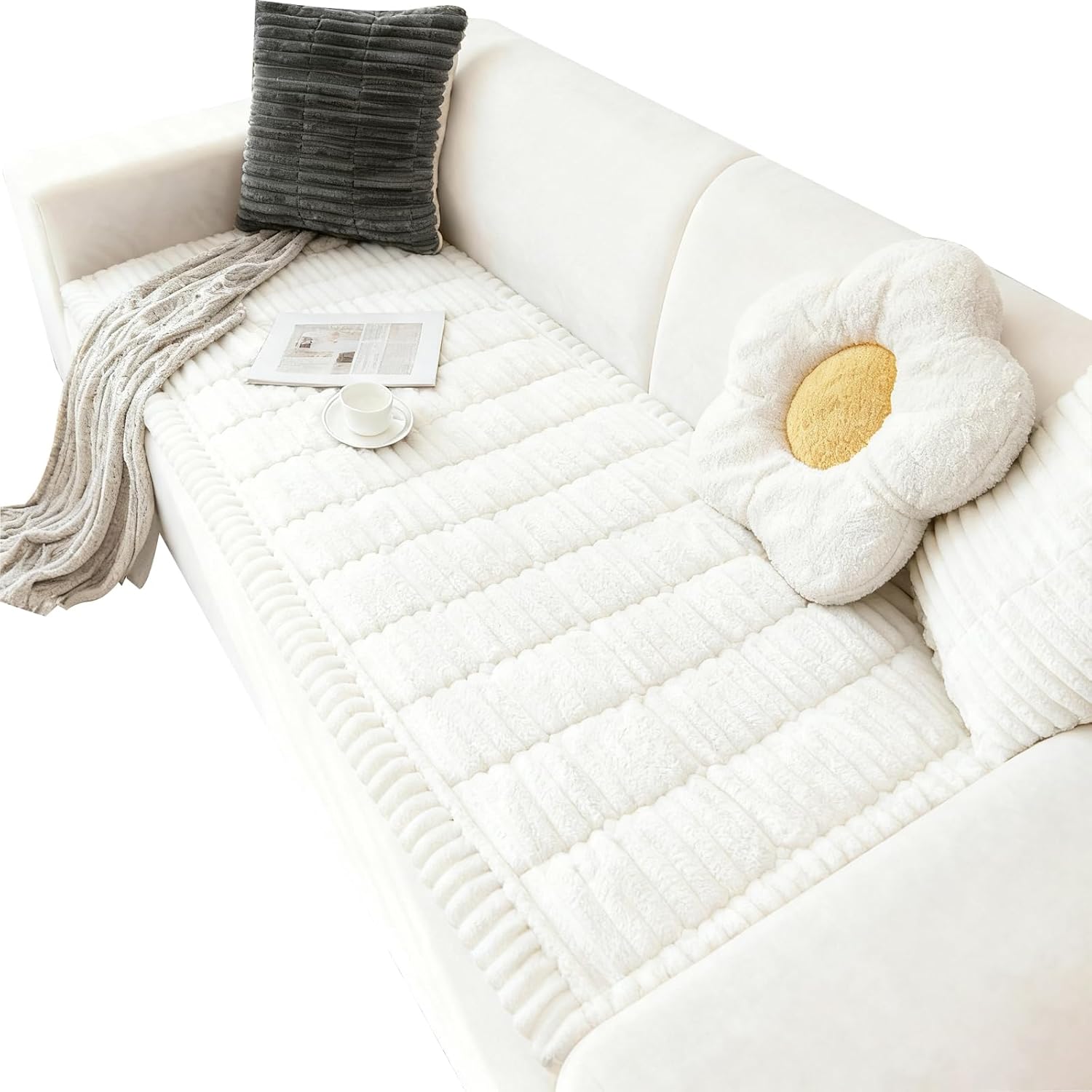 Capslpad Couch Covers for Dogs Washable Non Slip Pets Sofa Covers Fuzzy Sofa Slipcover Geometric Pet Friendly Mat Cushion Protector Travel Pet Mat for Living Bedroom Car Back Seat, White 27.5"x70.8"