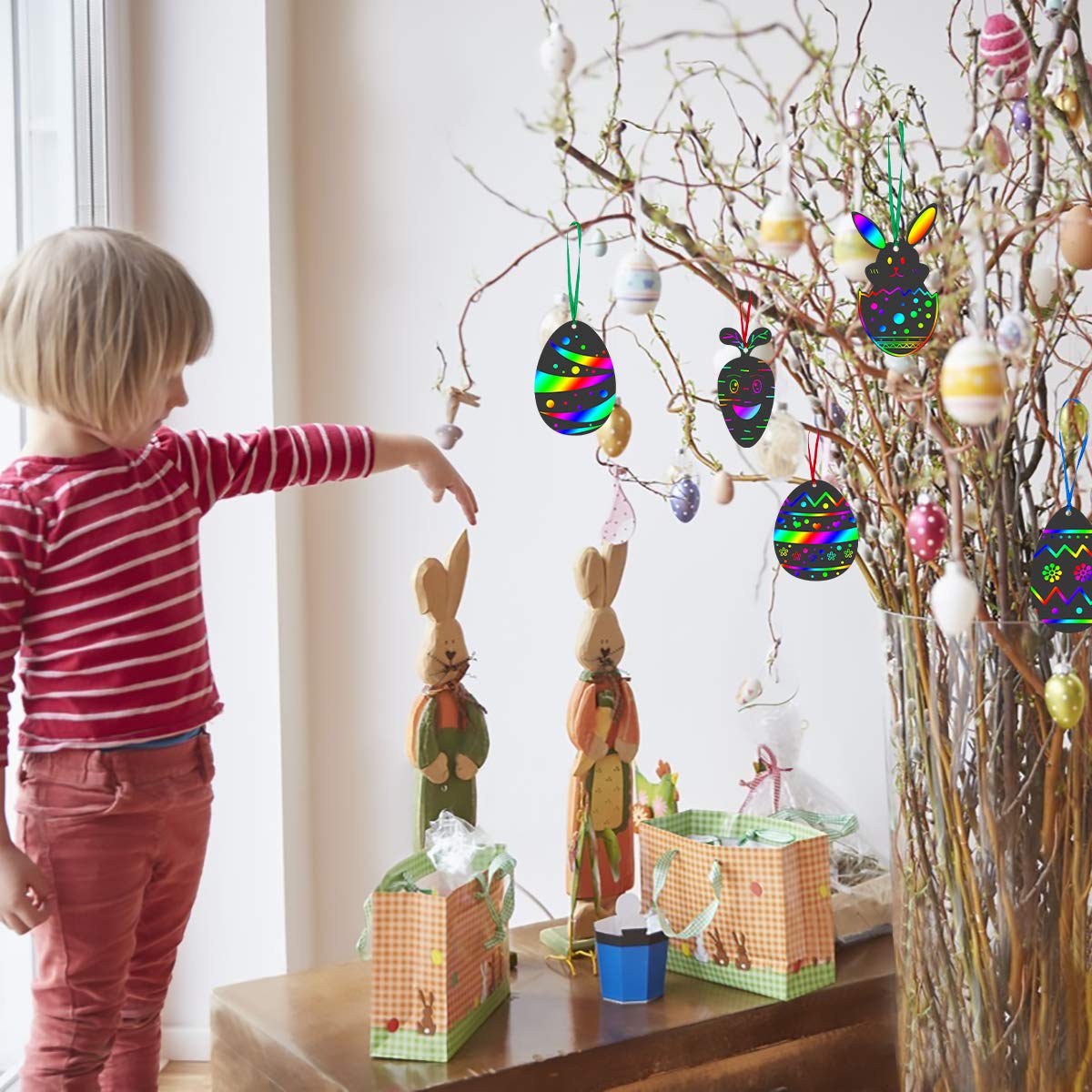 MELLIEX 48 sztuk wielkanocnych obrazków do zdrapywania dla dzieci, tęczowy papier do zdrapywania do majsterkowania z szablonami, drewniane pisaki dla dorosłych, chłopców, dziewczynek, "zrób to sam"