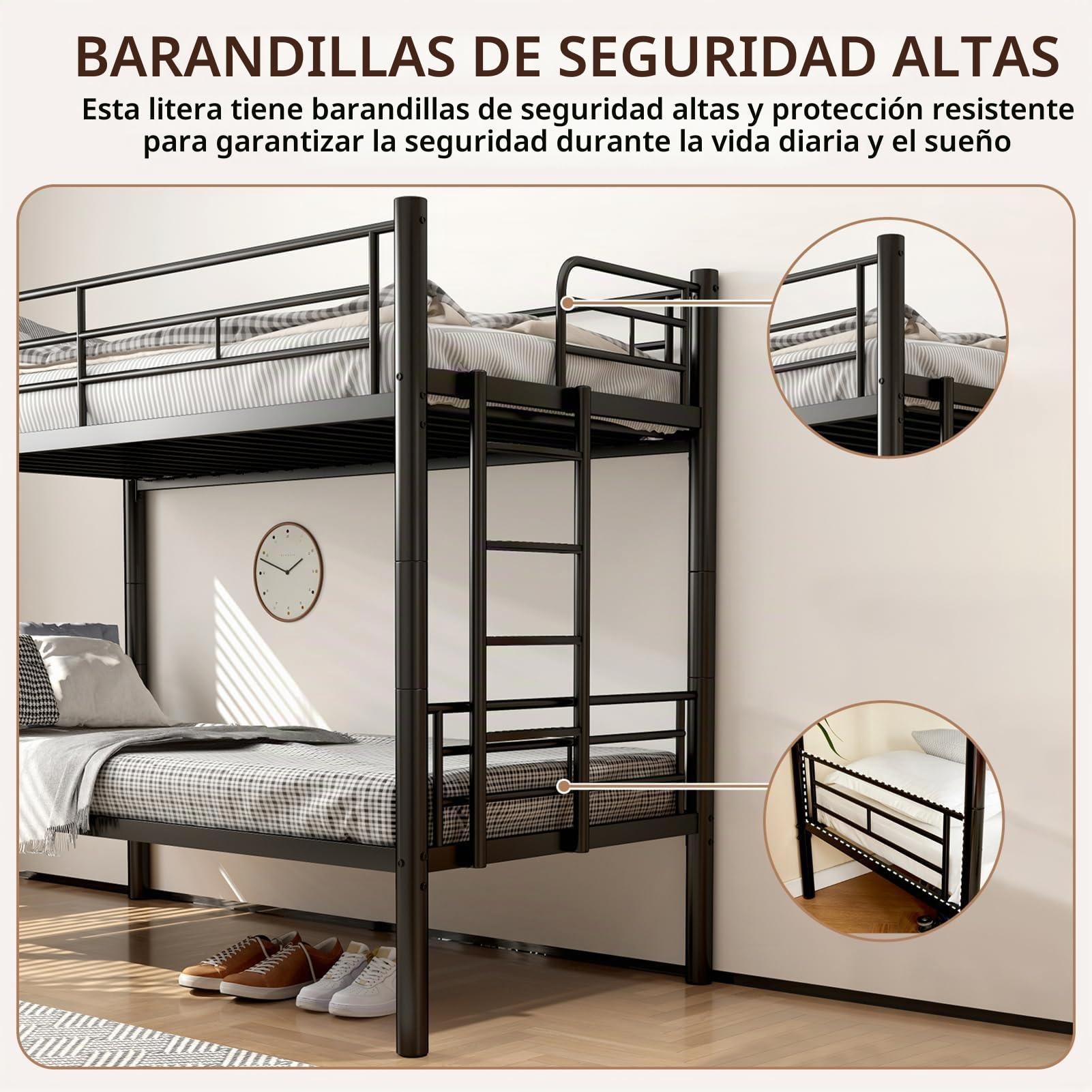 Litera de Metal de 90 x 200 cm, litera Juvenil con Escalera, Convertible en Dos Camas Individuales, Camas Altas para Adultos con somier y Barra de Seguridad para Dormitorio