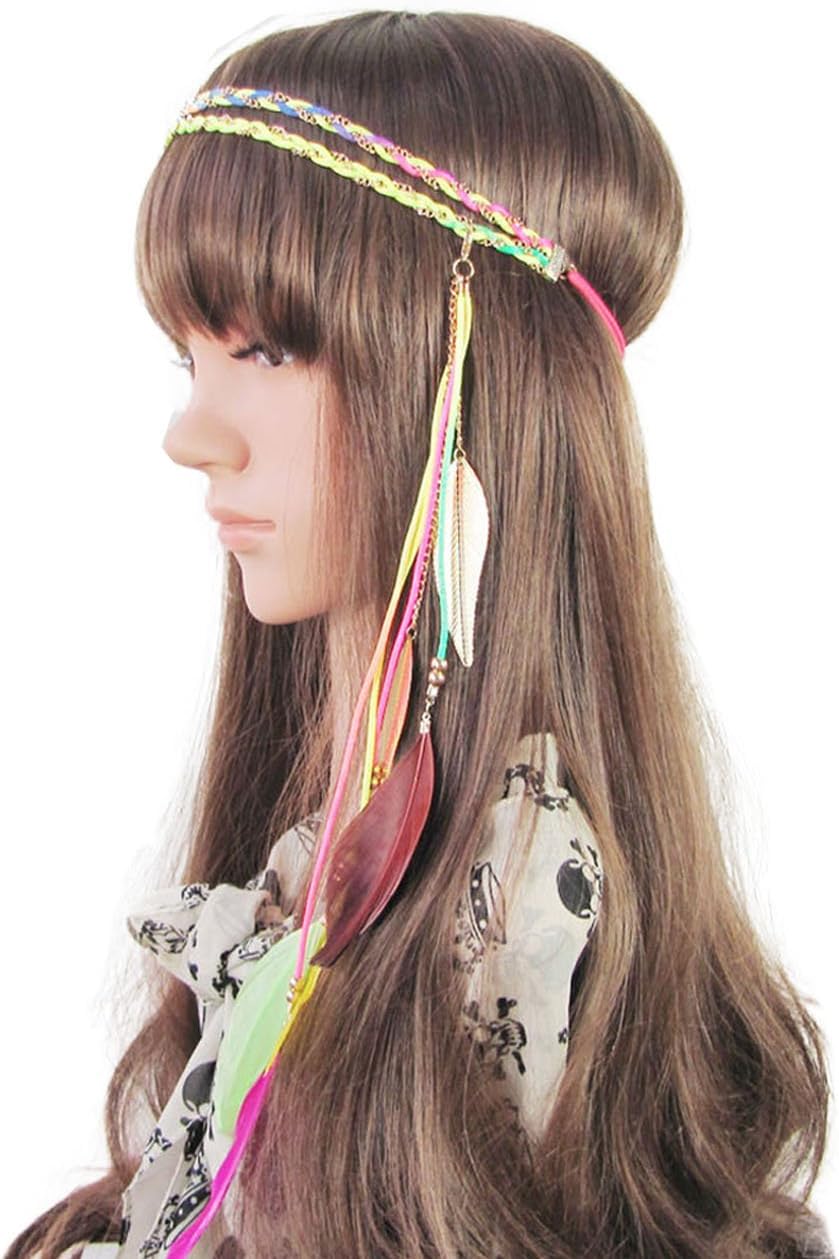 Headband Feather Women Girls Stretchy Braided Leaf Bead Hair Tassels Clothes