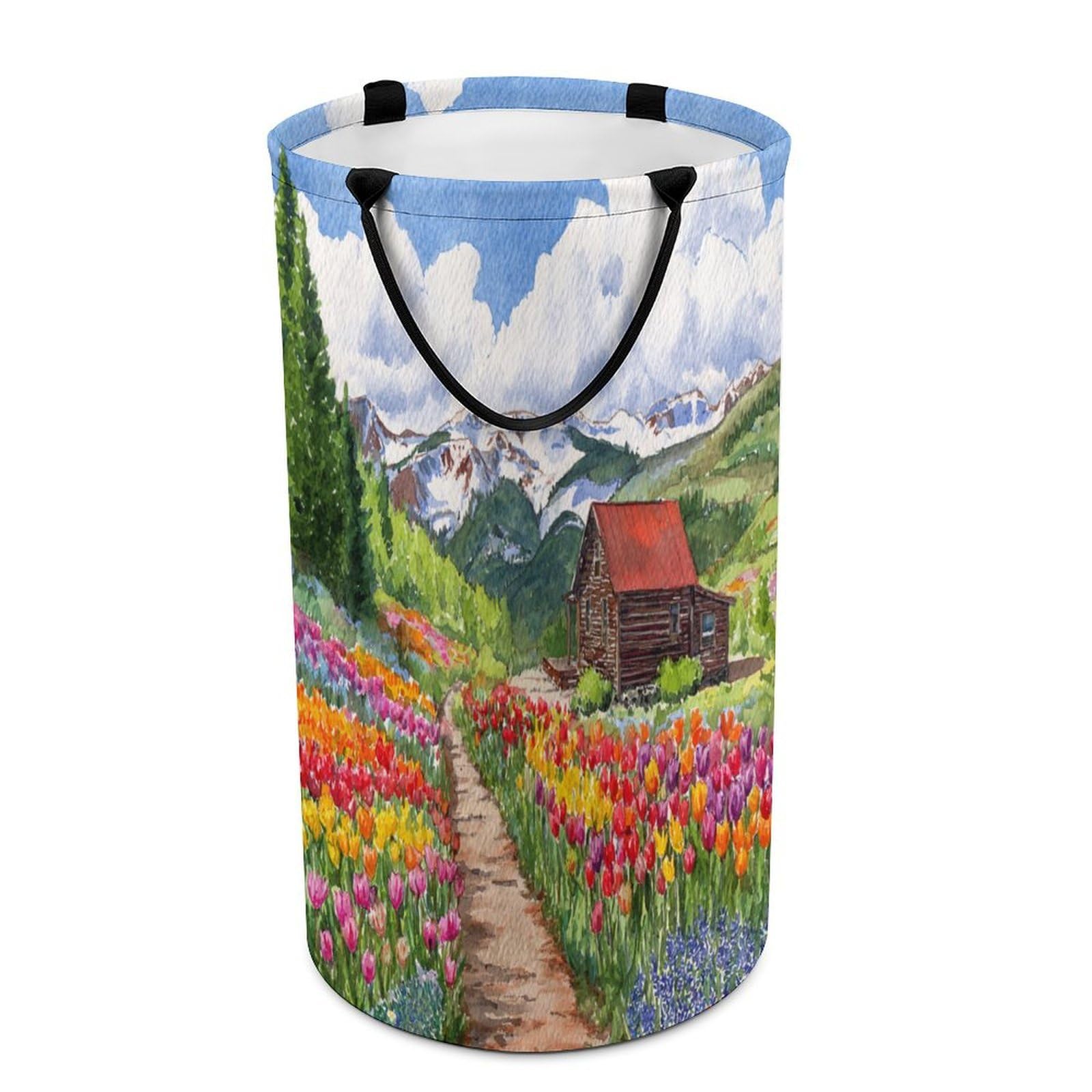 LUYYSKY Classic Realistic Floral Field Versatile Storage Laundry Basket, Beautiful Abstract Mountain Farm Barn Log Cabin Tulip Flowers Large Capacity Bathroom Hamper With Handle