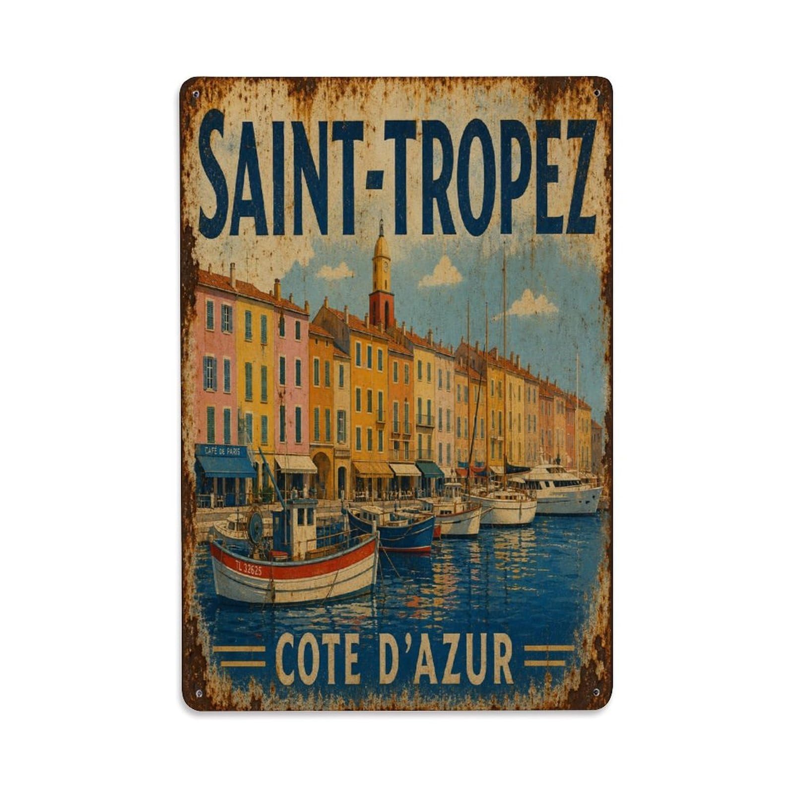 Retro France Harbor Maritime Fishing Village Metal Tin Sign Plaque Wall Decor for Cafe, Man Cave, Club Bar, Office, Home Garden Round Metal Poster 8x12Inch