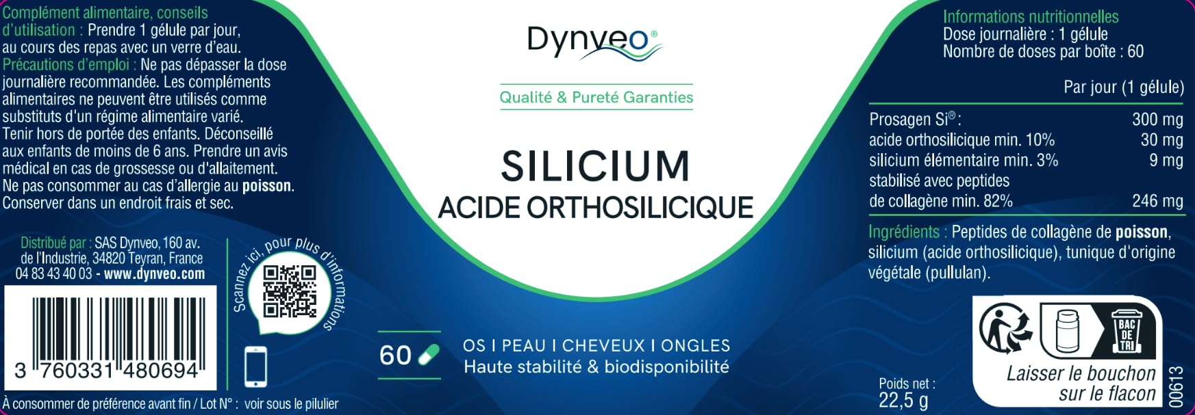 Silicium Acide Orthosilicique & Collagène - Breveté Prosagen Si® - Peau, Cheveux, Ongles & Articulations - Forme naturelle biomimétique & biodisponible - Clean label - 60 gélules (2 mois) - Dynveo