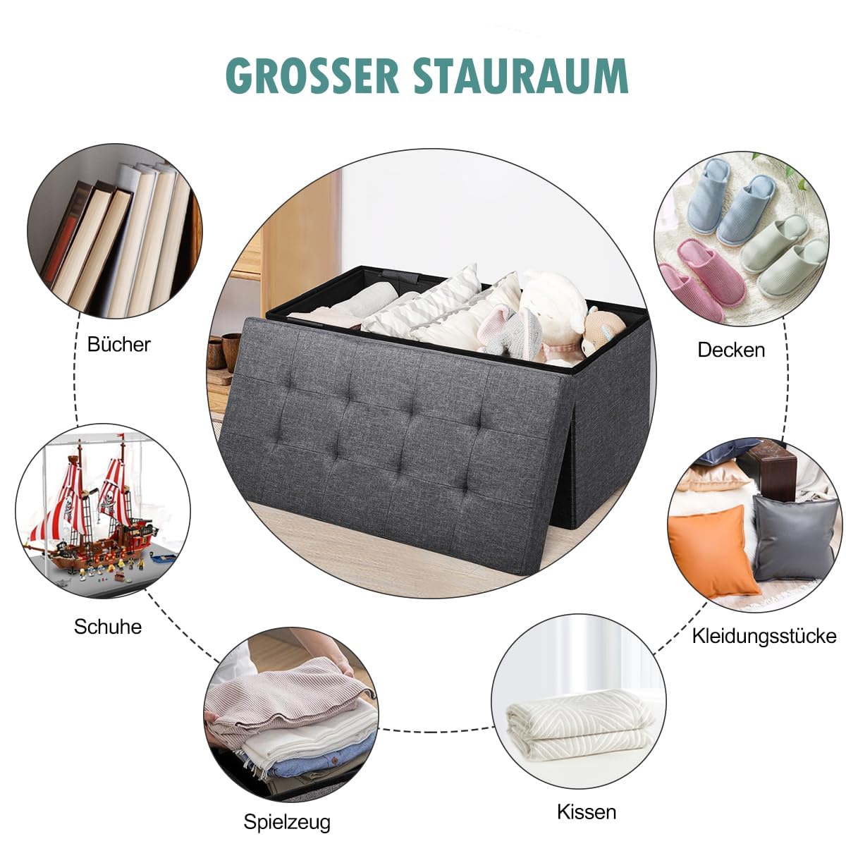 FANTASK Sitzhocker mit Stauraum, 80 cm x 40,5 cm x 40,5 cm Aufbewahrungsbox, klappbare Sitzbank, für Schlafzimmer & Eingangsbereich, dunkelgrau
