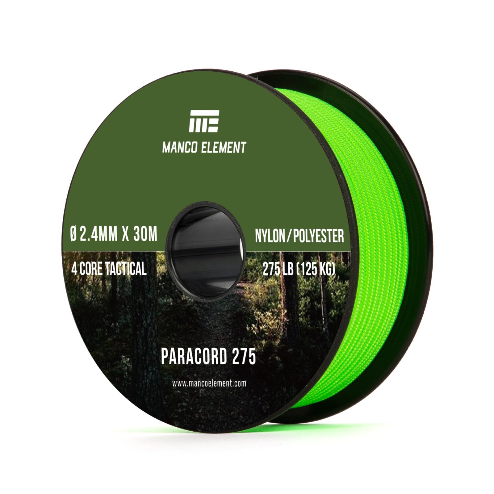 Manco Element 2.4mm Paracord 275lb 30m Rope Cord - 4 Strand, Nylon & Polyester, UV & Abrasion Resistance - Neon Green