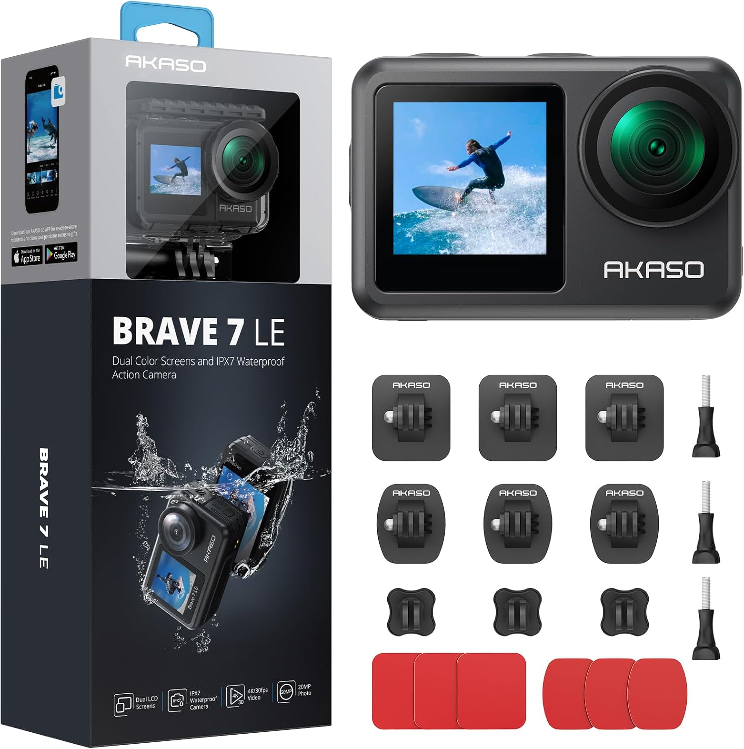 AKASO Brave 7 LE Action Camera and Adhesive Mount Kit Bundle