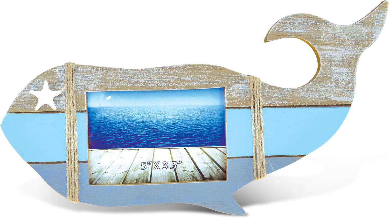 Puzzled CoTa Global Nautical Whale Shape 5x3.5 Frame - Blue Distressed Wood Whale Shape Photo Frame, Handmade Picture Frame for Tabletop or Wall Hang - 13.5 Inches